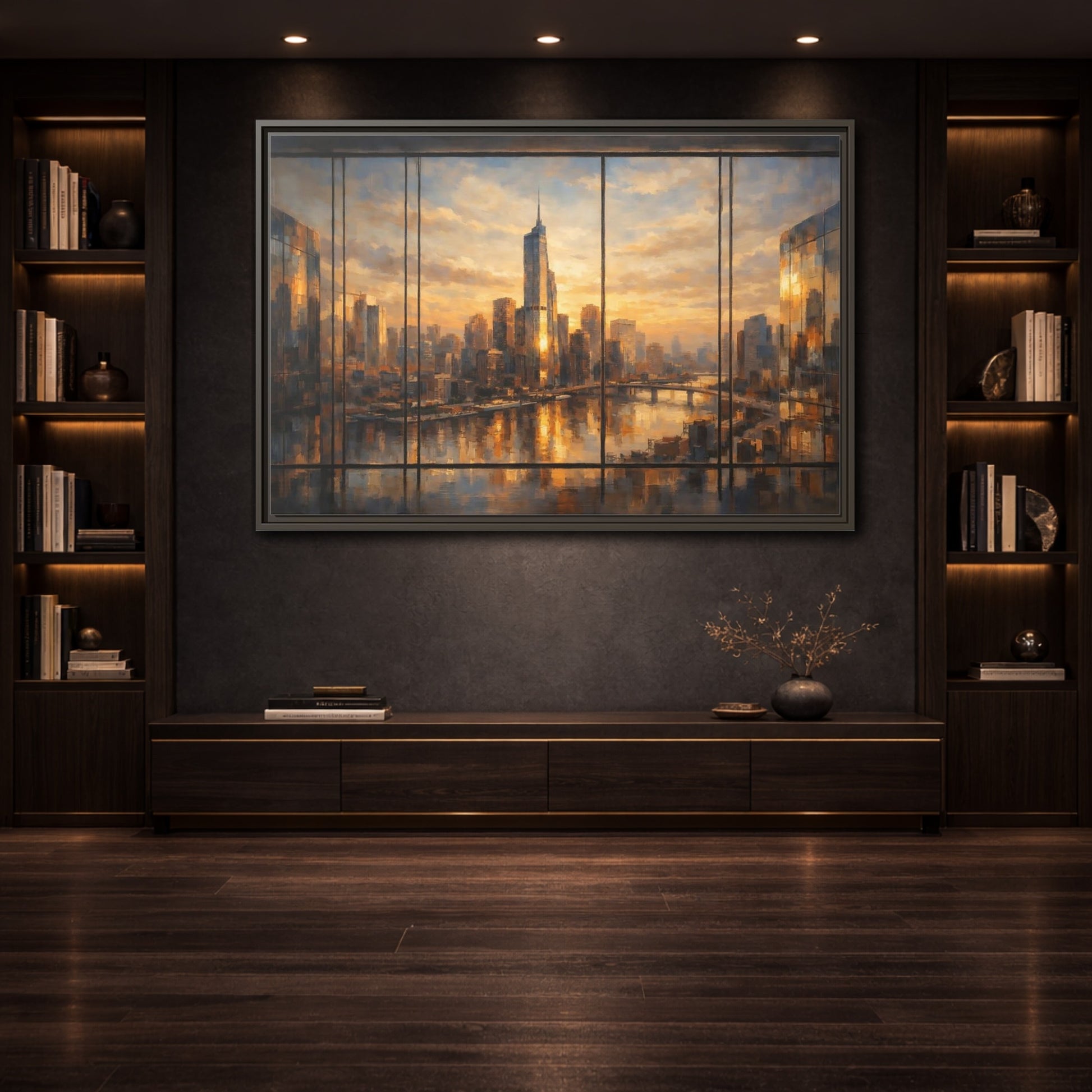 Mockup 3. Abstract Cityscape Orange Cityscape shown as stretched canvas wall art