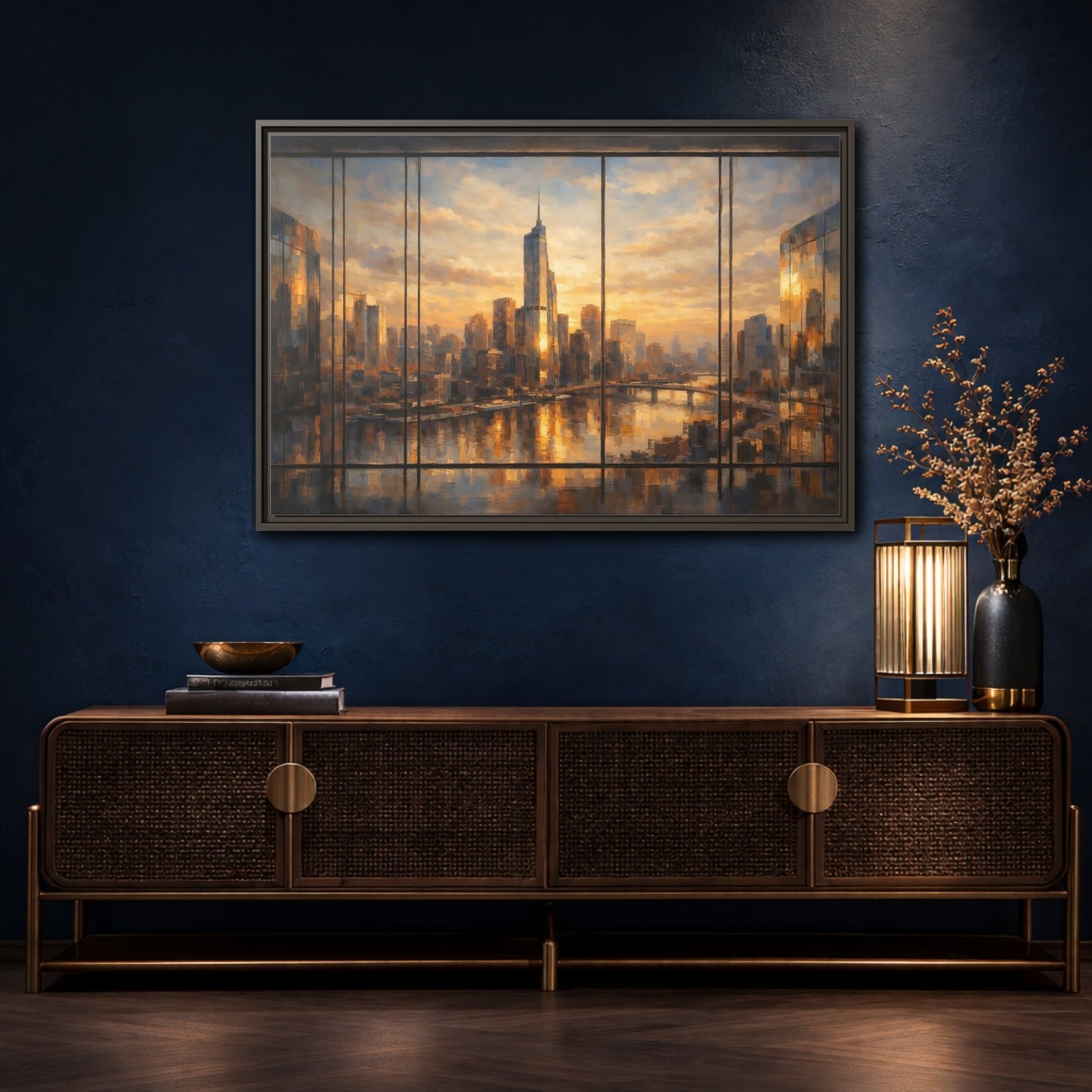Mockup 4. Abstract Cityscape Orange Cityscape shown as stretched canvas wall art