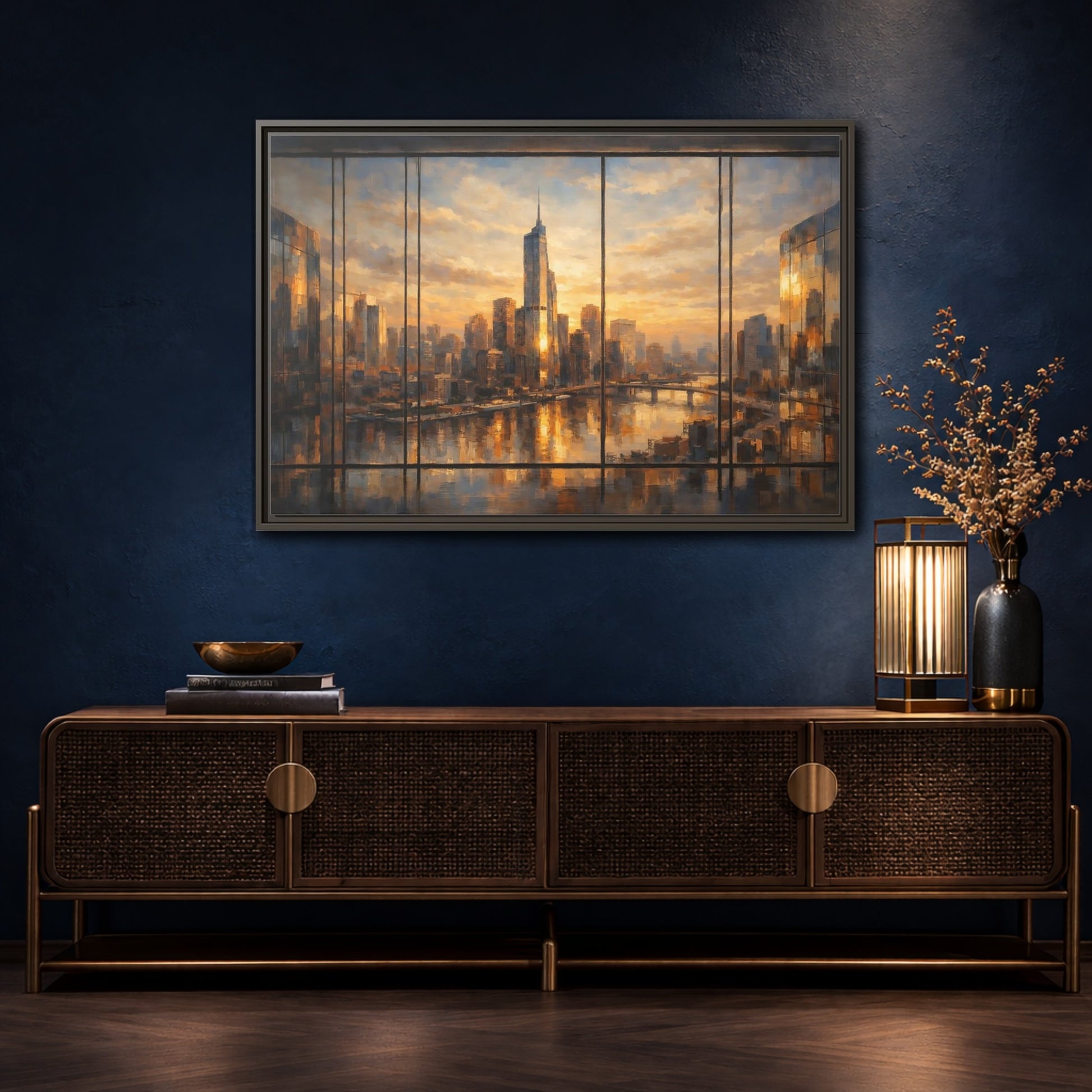 Mockup 4. Abstract Cityscape Orange Cityscape shown as stretched canvas wall art