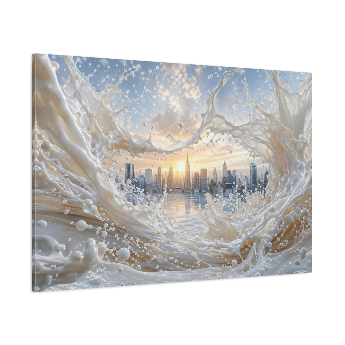 Side Mockup 1. Abstract Cityscape Splash White Cityscape shown as stretched canvas wall art