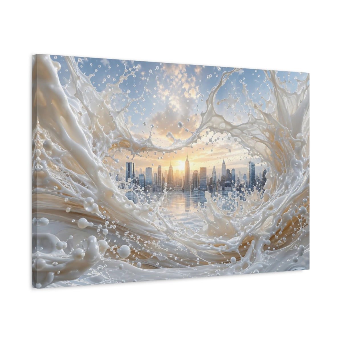 Side Mockup 2. Abstract Cityscape Splash White Cityscape shown as stretched canvas wall art