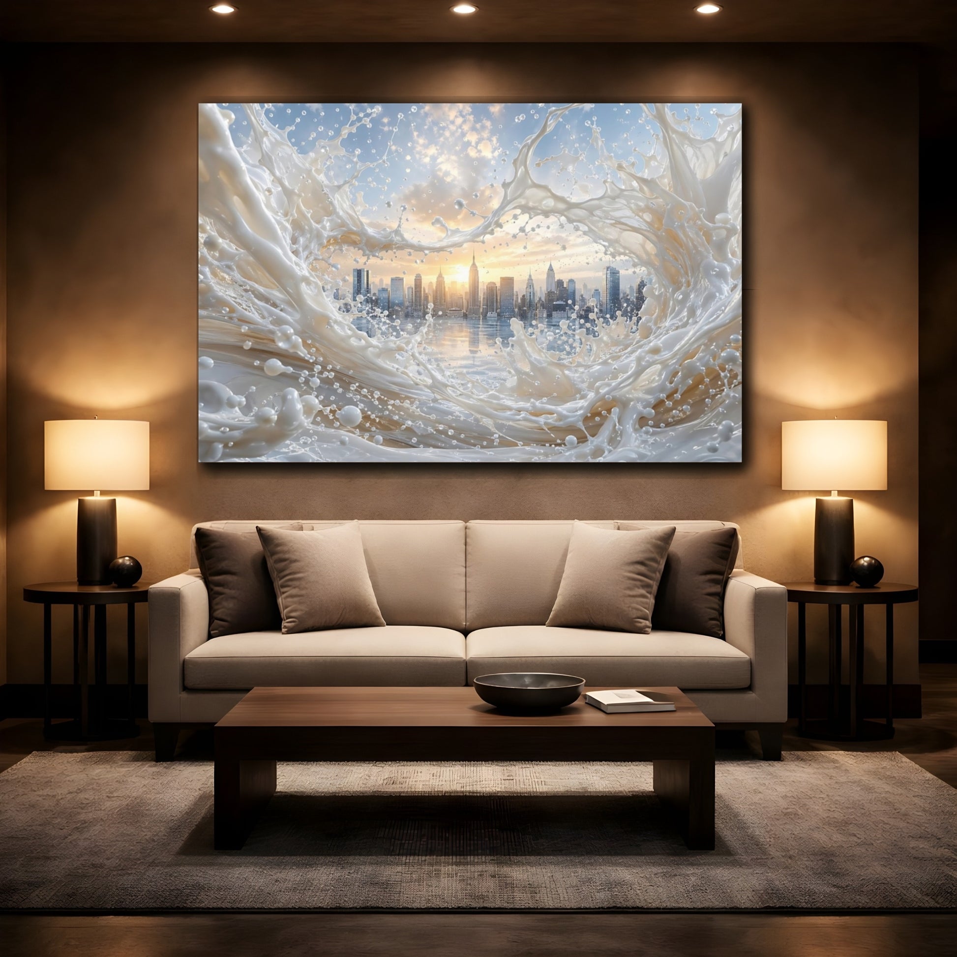Mockup 2. Abstract Cityscape Splash White Cityscape shown as stretched canvas wall art