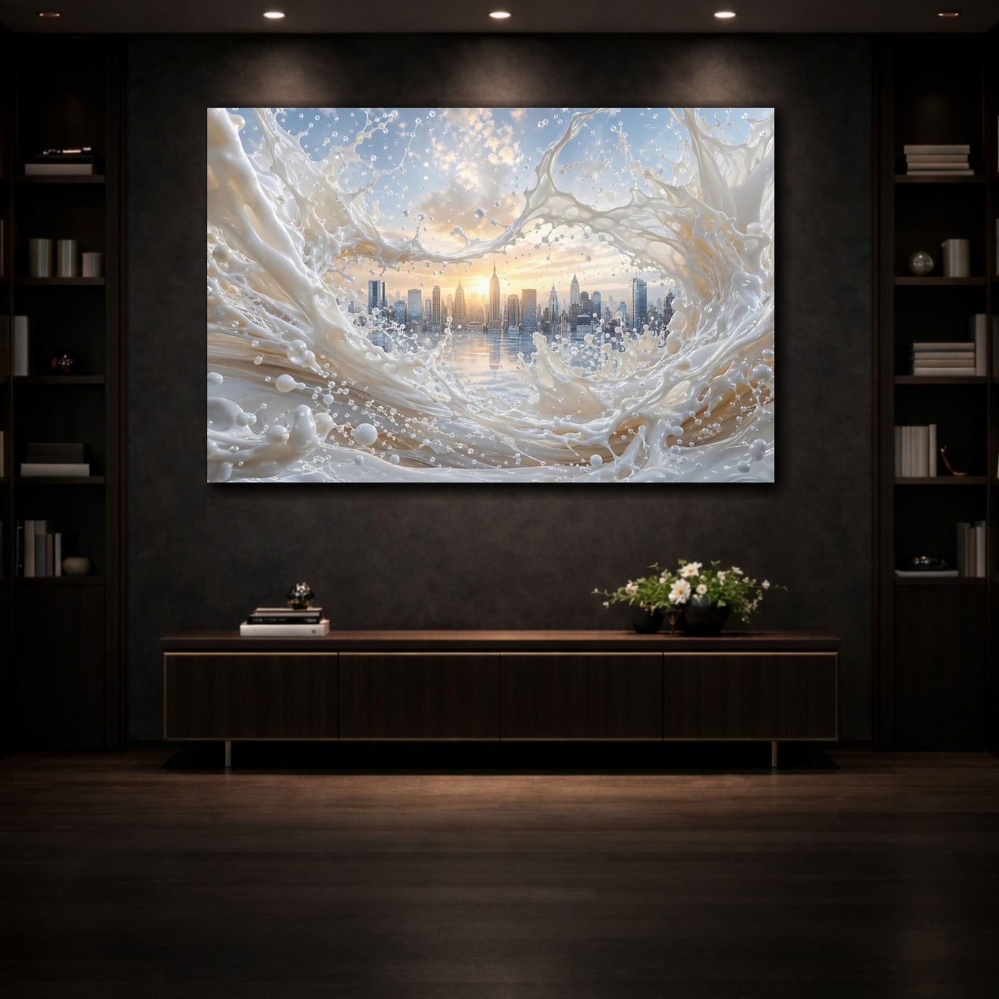 Mockup 3. Abstract Cityscape Splash White Cityscape shown as stretched canvas wall art