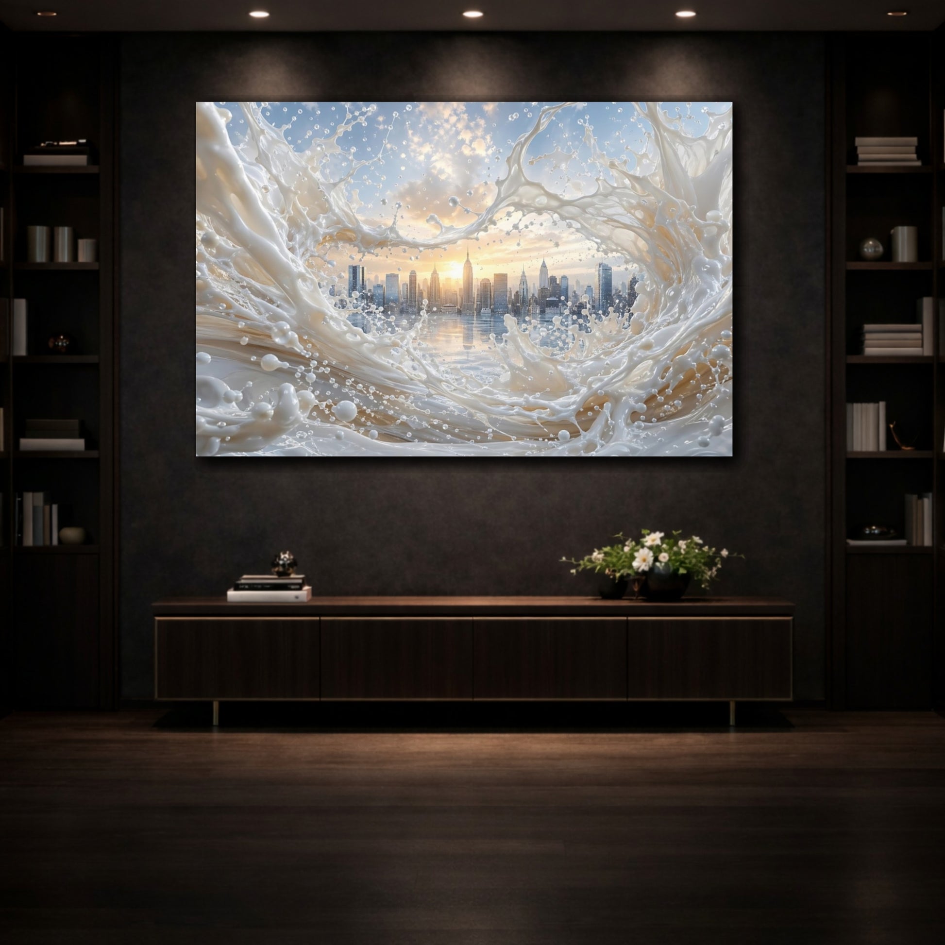 Mockup 3. Abstract Cityscape Splash White Cityscape shown as stretched canvas wall art