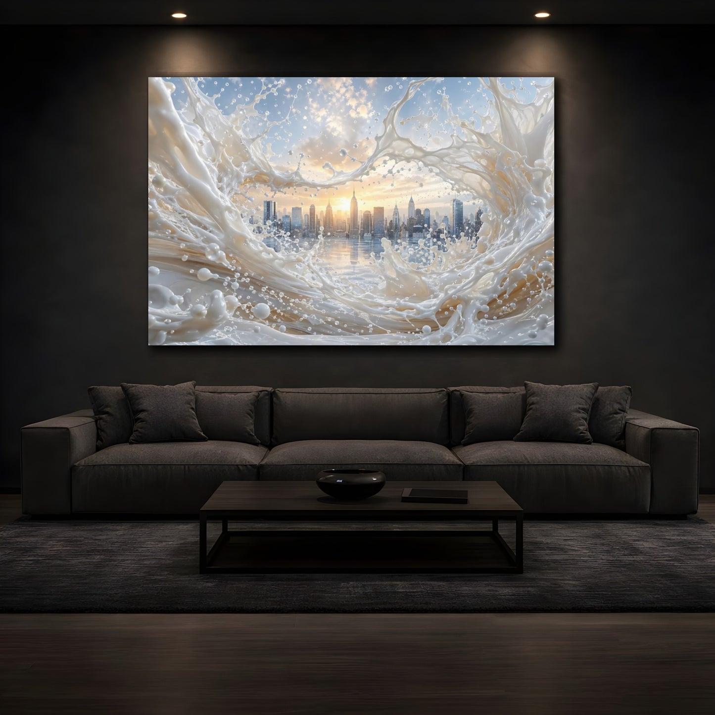 Mockup 4. Abstract Cityscape Splash White Cityscape shown as stretched canvas wall art