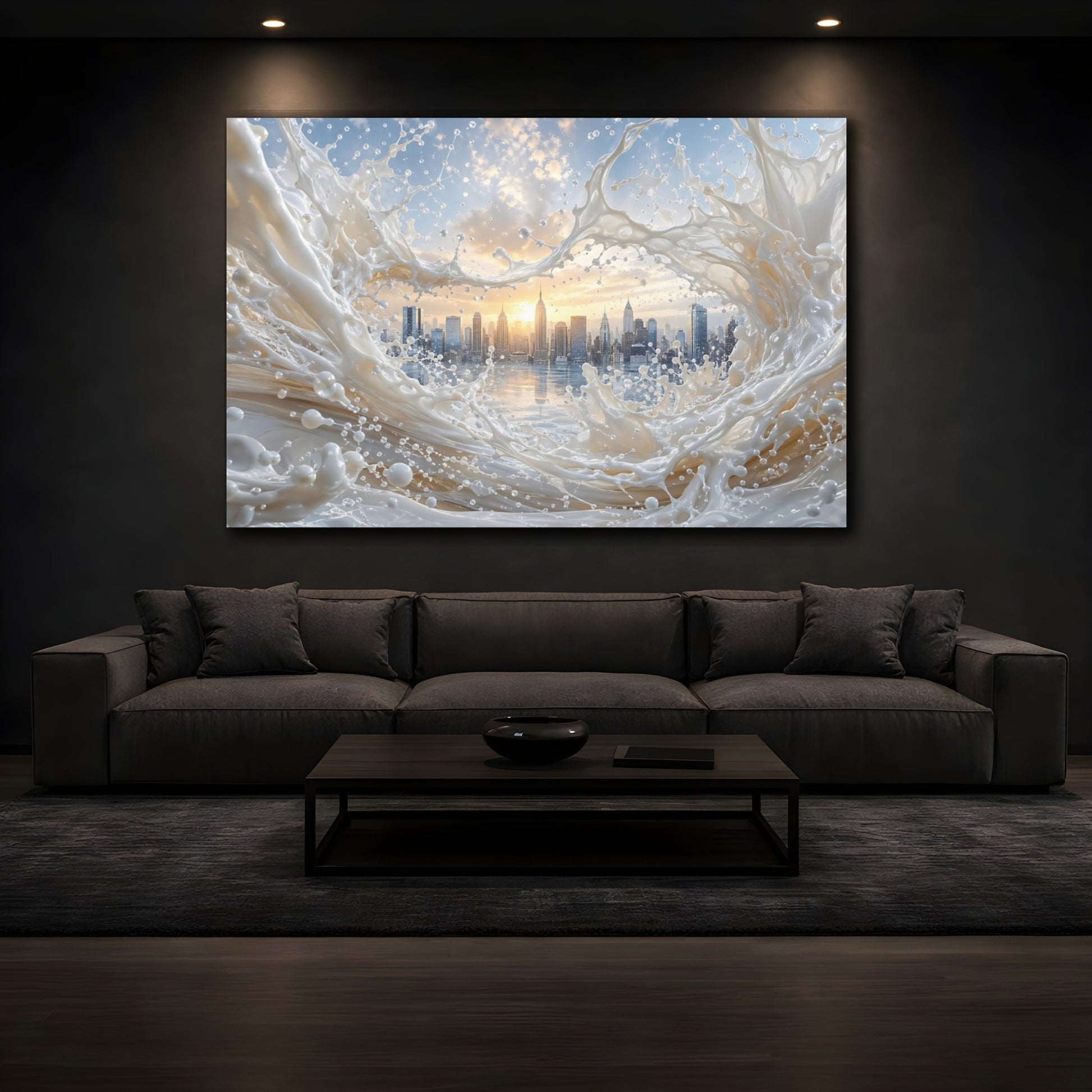 Mockup 4. Abstract Cityscape Splash White Cityscape shown as stretched canvas wall art
