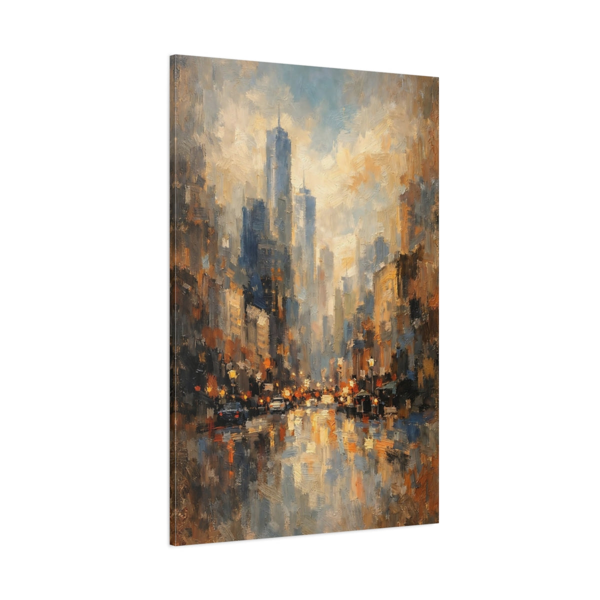 Main Mockup. Abstract Cityscape Urban Blue Gold shown as stretched canvas wall art