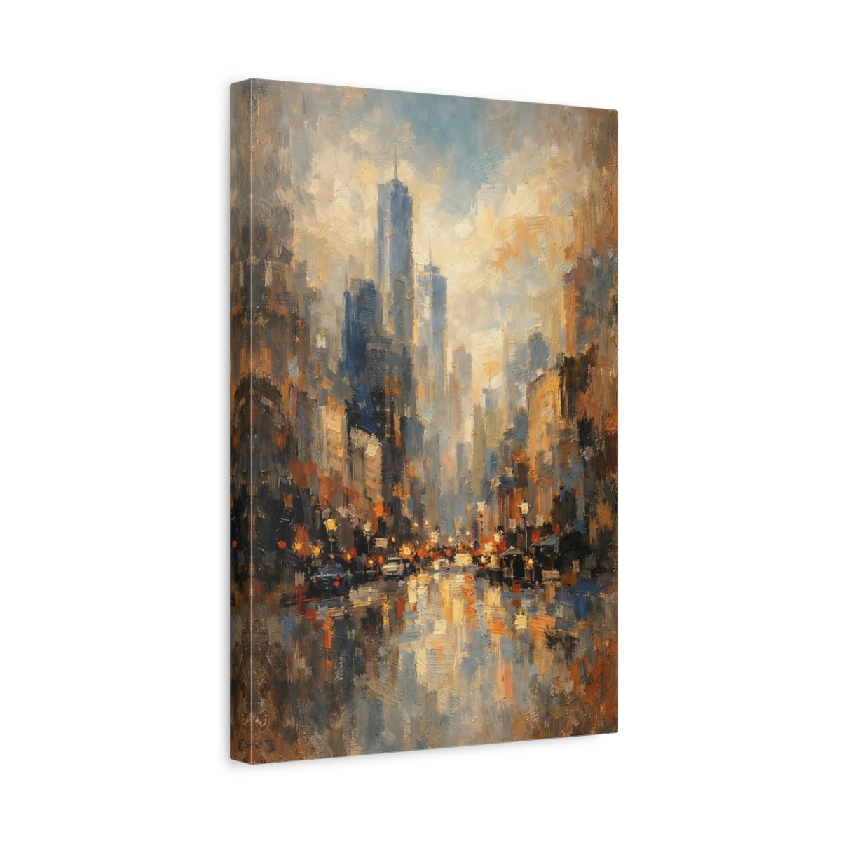 Side Mockup 4. Abstract Cityscape Urban Blue Gold shown as stretched canvas wall art