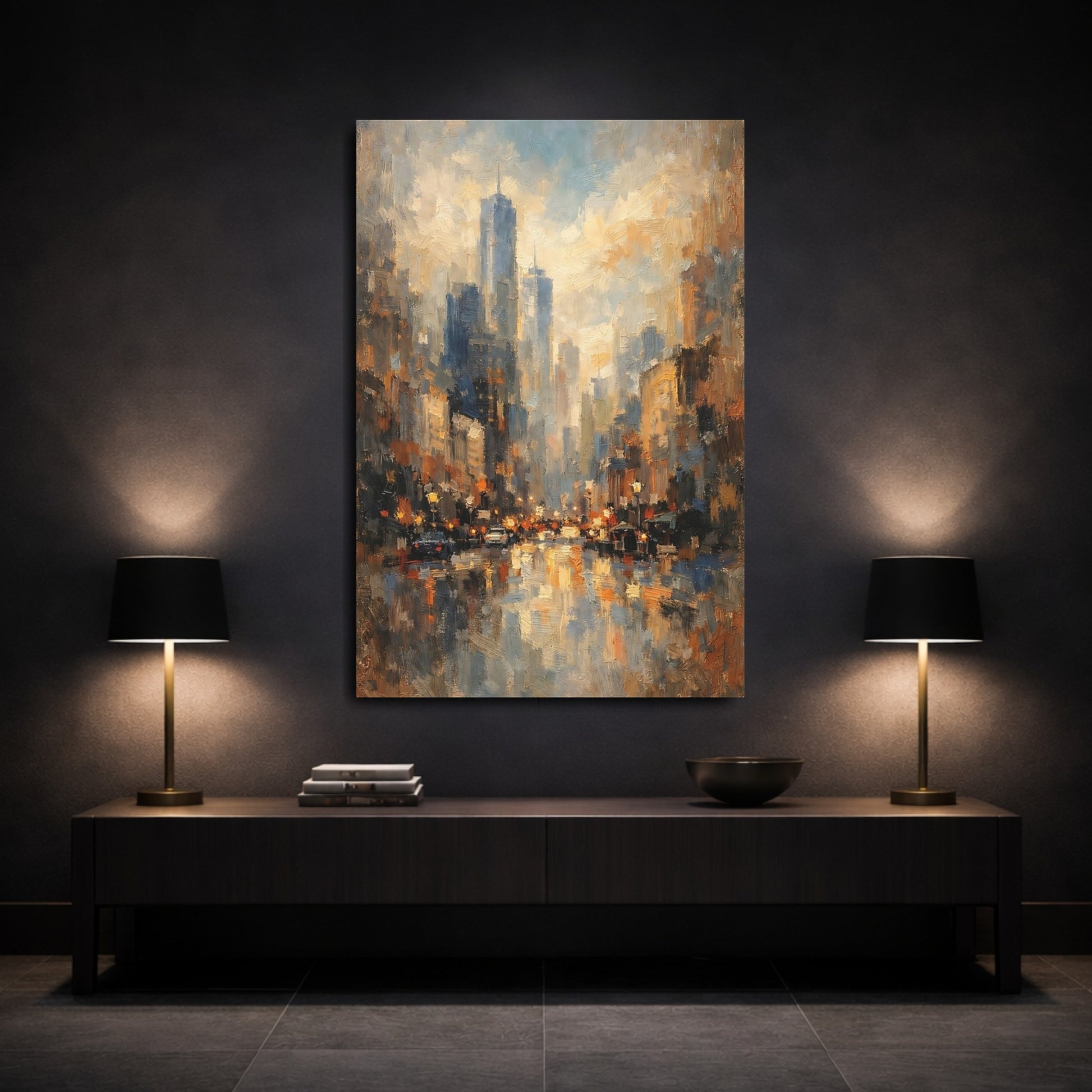 Mockup 2. Abstract Cityscape Urban Blue Gold shown as stretched canvas wall art