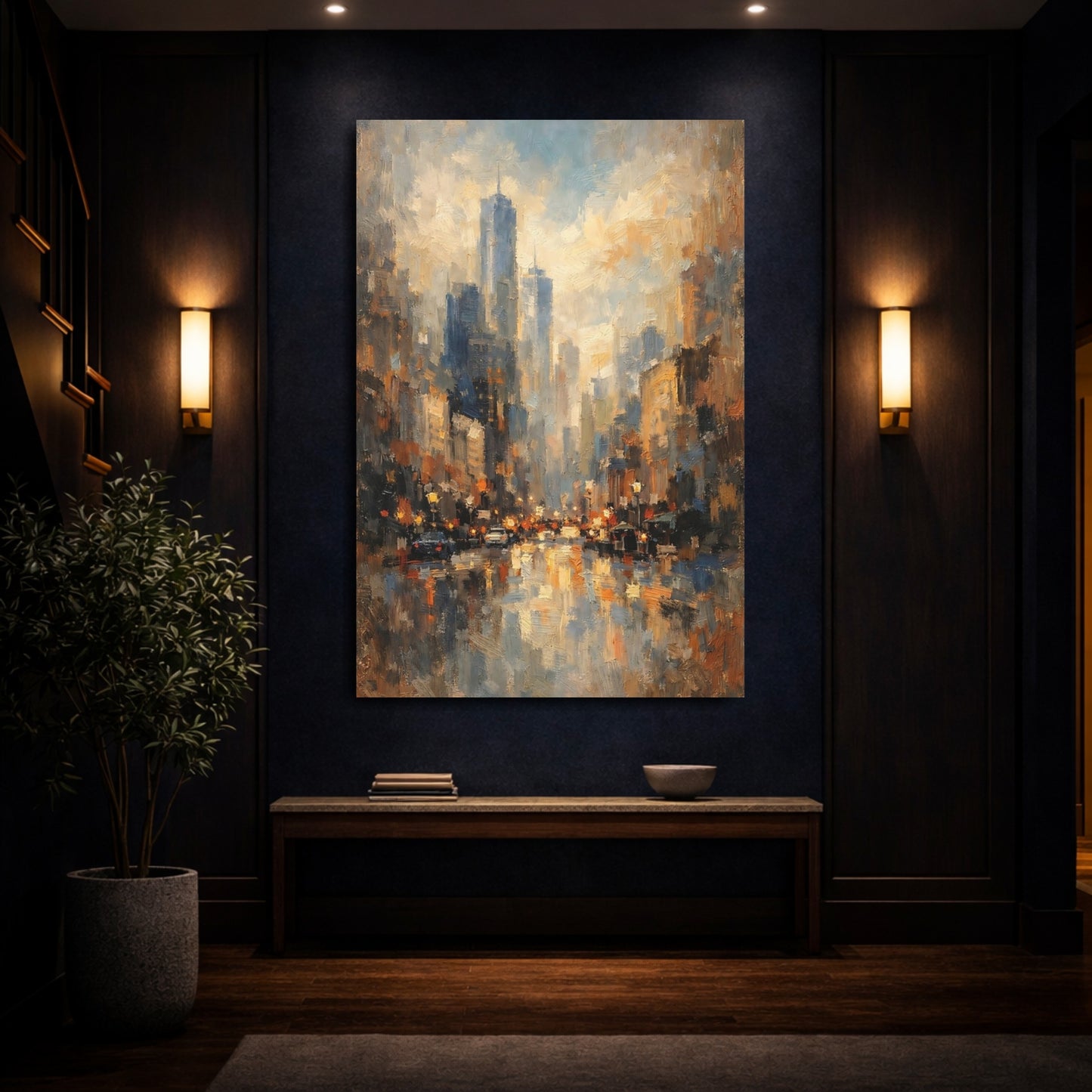 Mockup 3. Abstract Cityscape Urban Blue Gold shown as stretched canvas wall art
