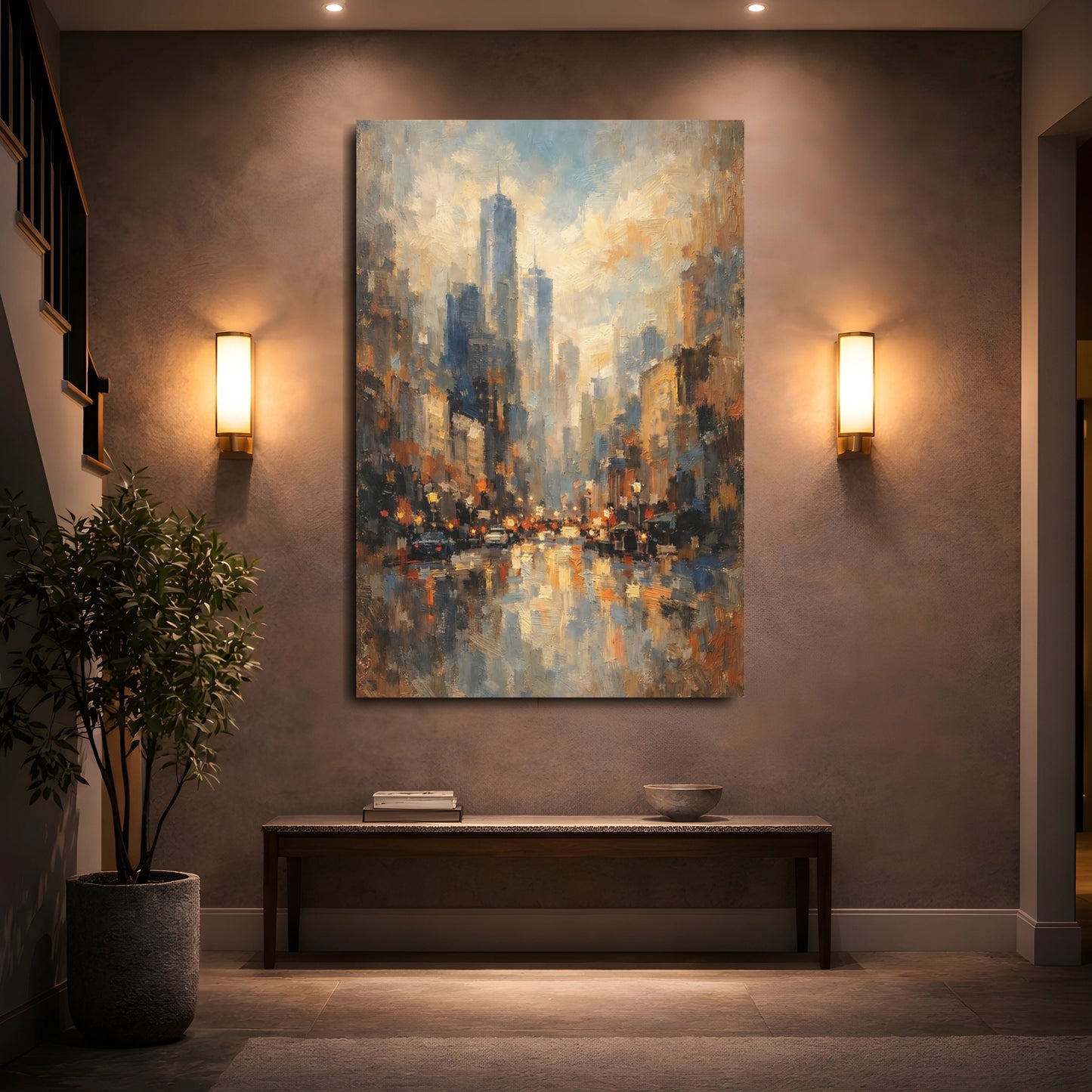 Mockup 4. Abstract Cityscape Urban Blue Gold shown as stretched canvas wall art