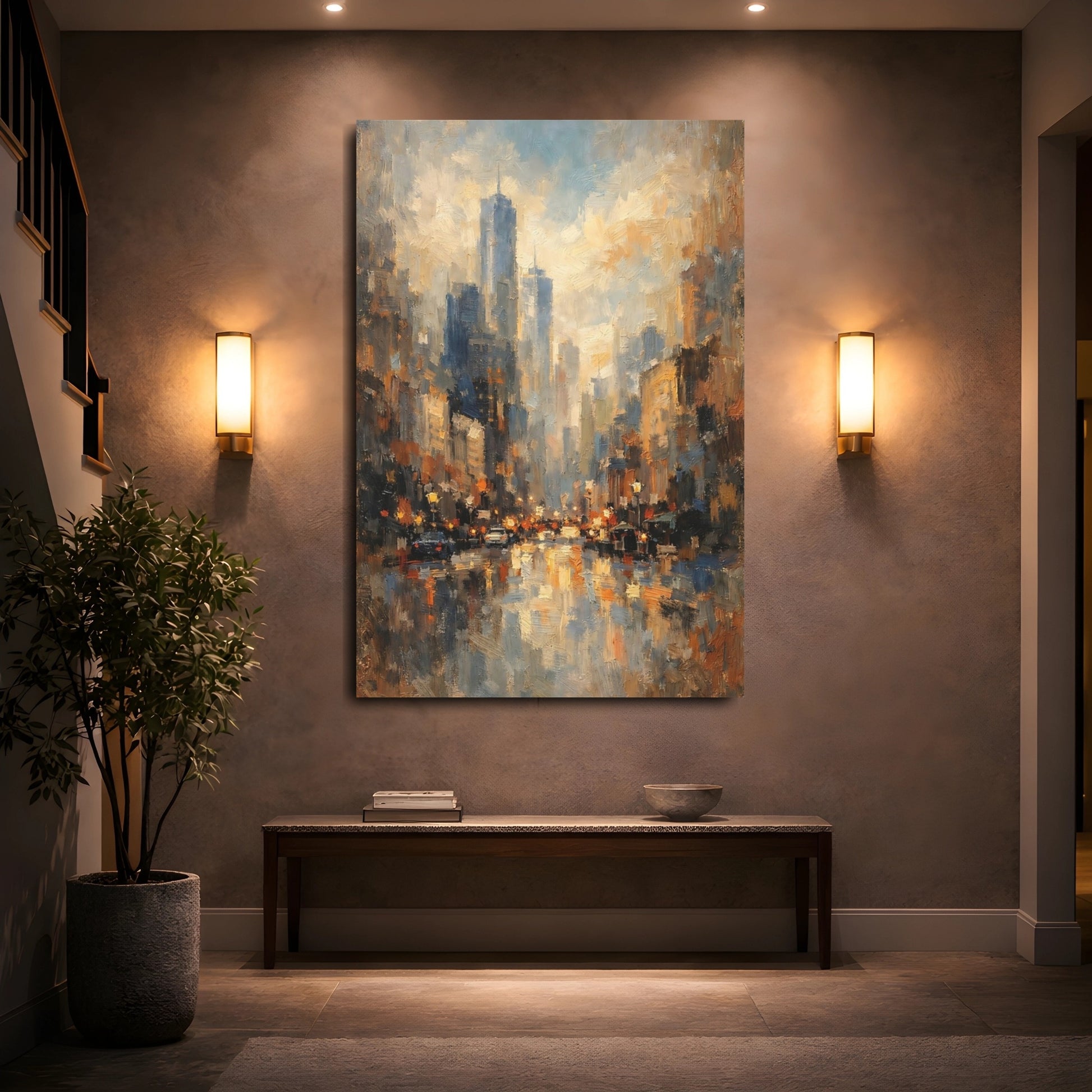 Mockup 4. Abstract Cityscape Urban Blue Gold shown as stretched canvas wall art