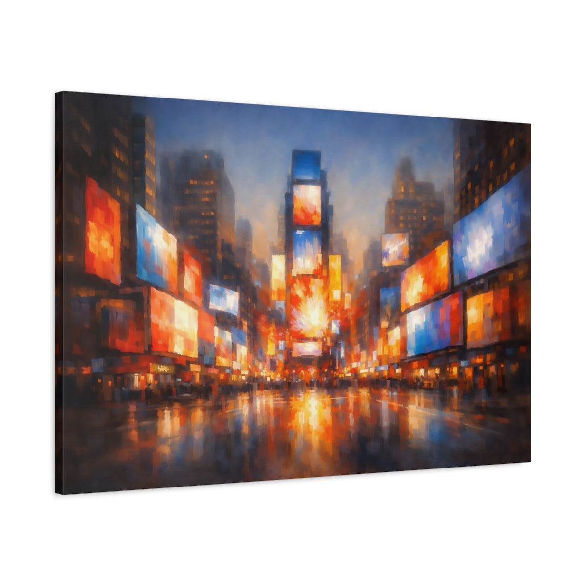 Side Mockup 1. Abstract Cityscape Vibrant City Lights shown as stretched canvas wall art