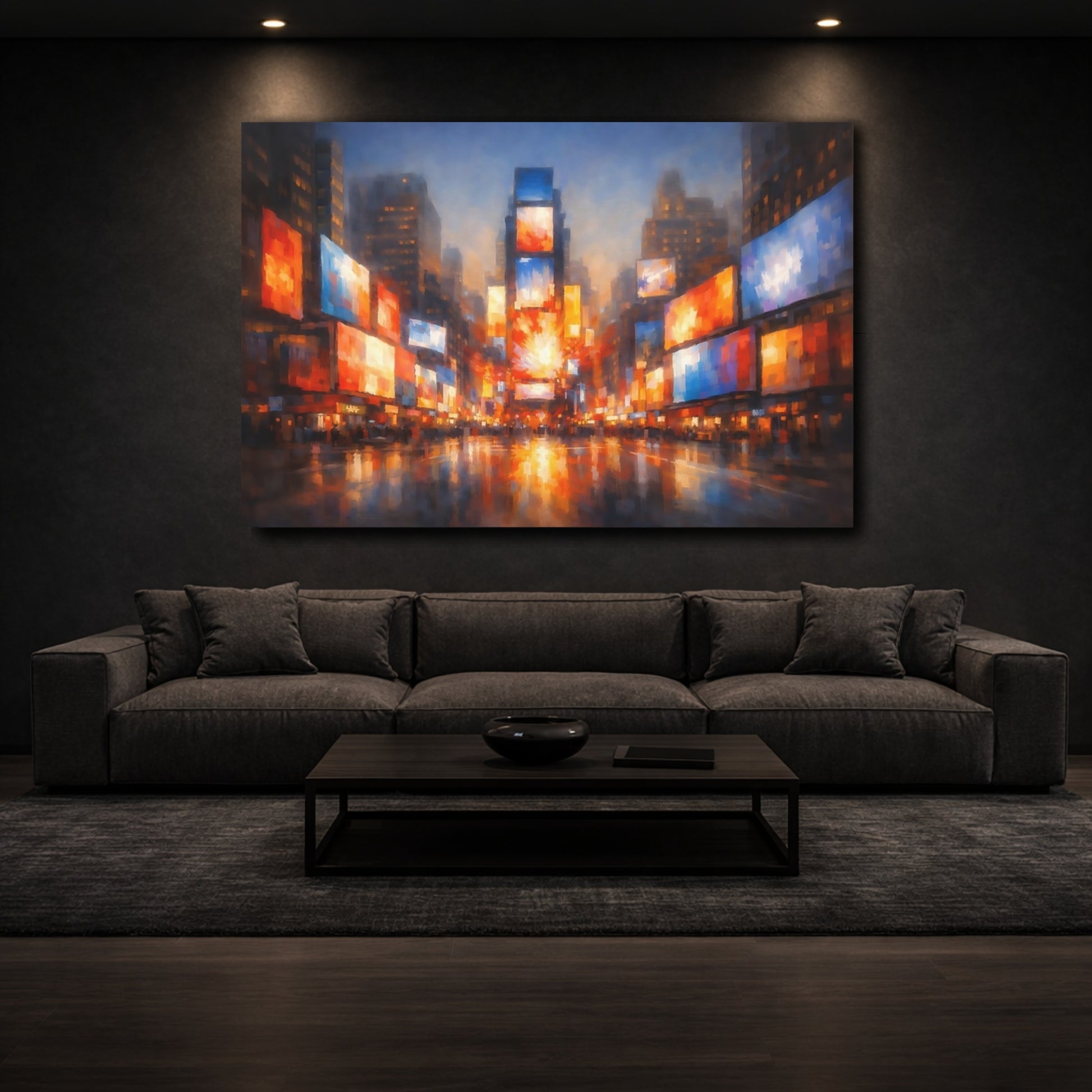 Mockup 2. Abstract Cityscape Vibrant City Lights shown as stretched canvas wall art