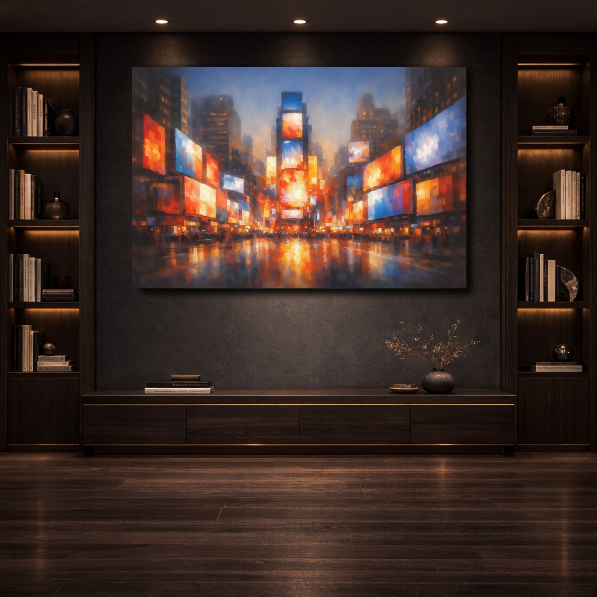 Mockup 3. Abstract Cityscape Vibrant City Lights shown as stretched canvas wall art