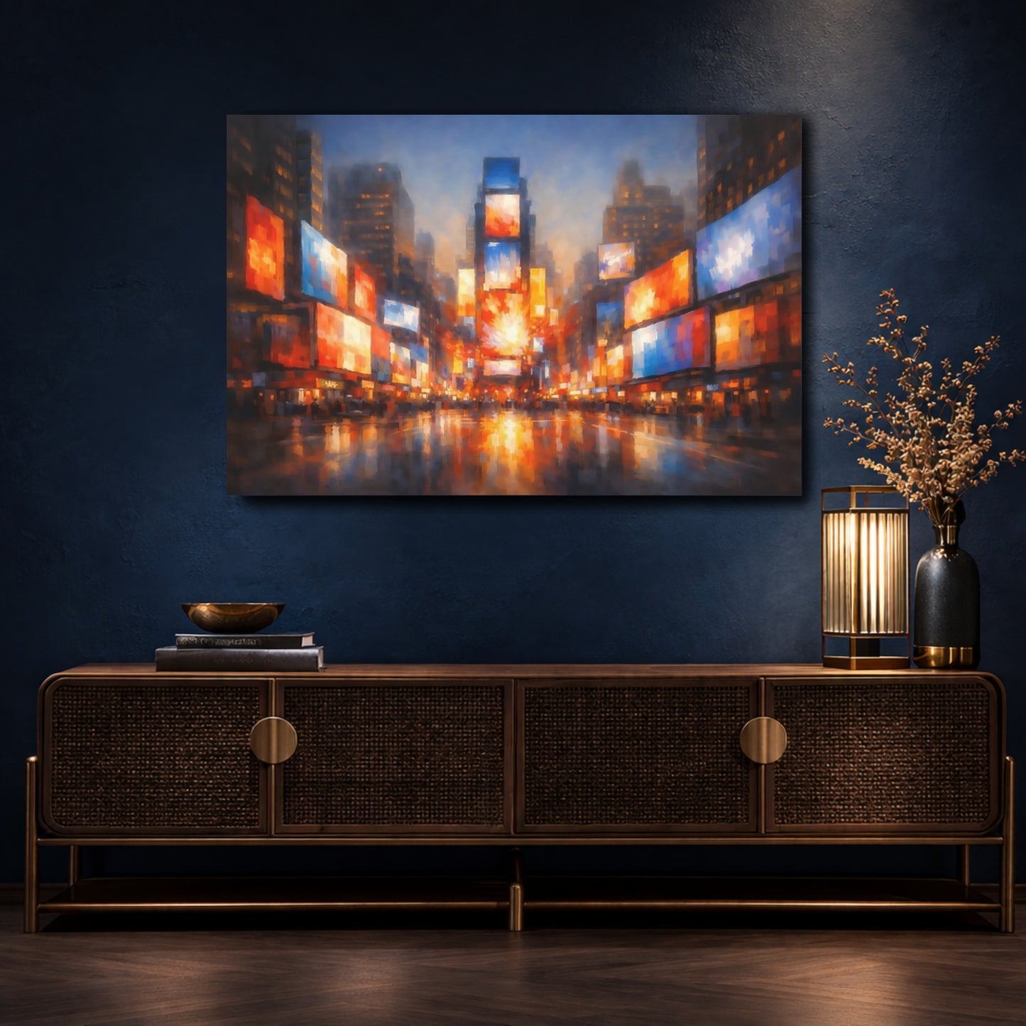 Mockup 4. Abstract Cityscape Vibrant City Lights shown as stretched canvas wall art