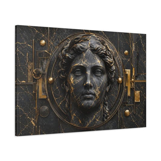 Main Mockup. Abstract Classical Bust Black And Gold shown as stretched canvas wall art