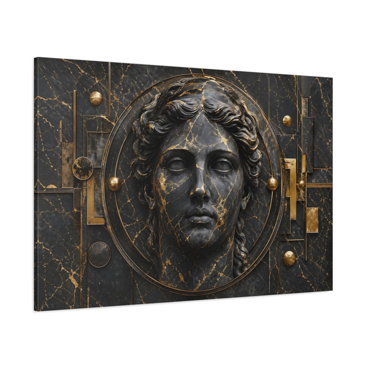 Side Mockup 1. Abstract Classical Bust Black And Gold shown as stretched canvas wall art