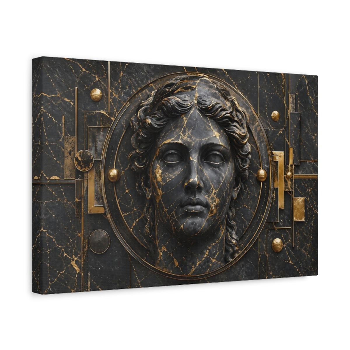 Side Mockup 4. Abstract Classical Bust Black And Gold shown as stretched canvas wall art