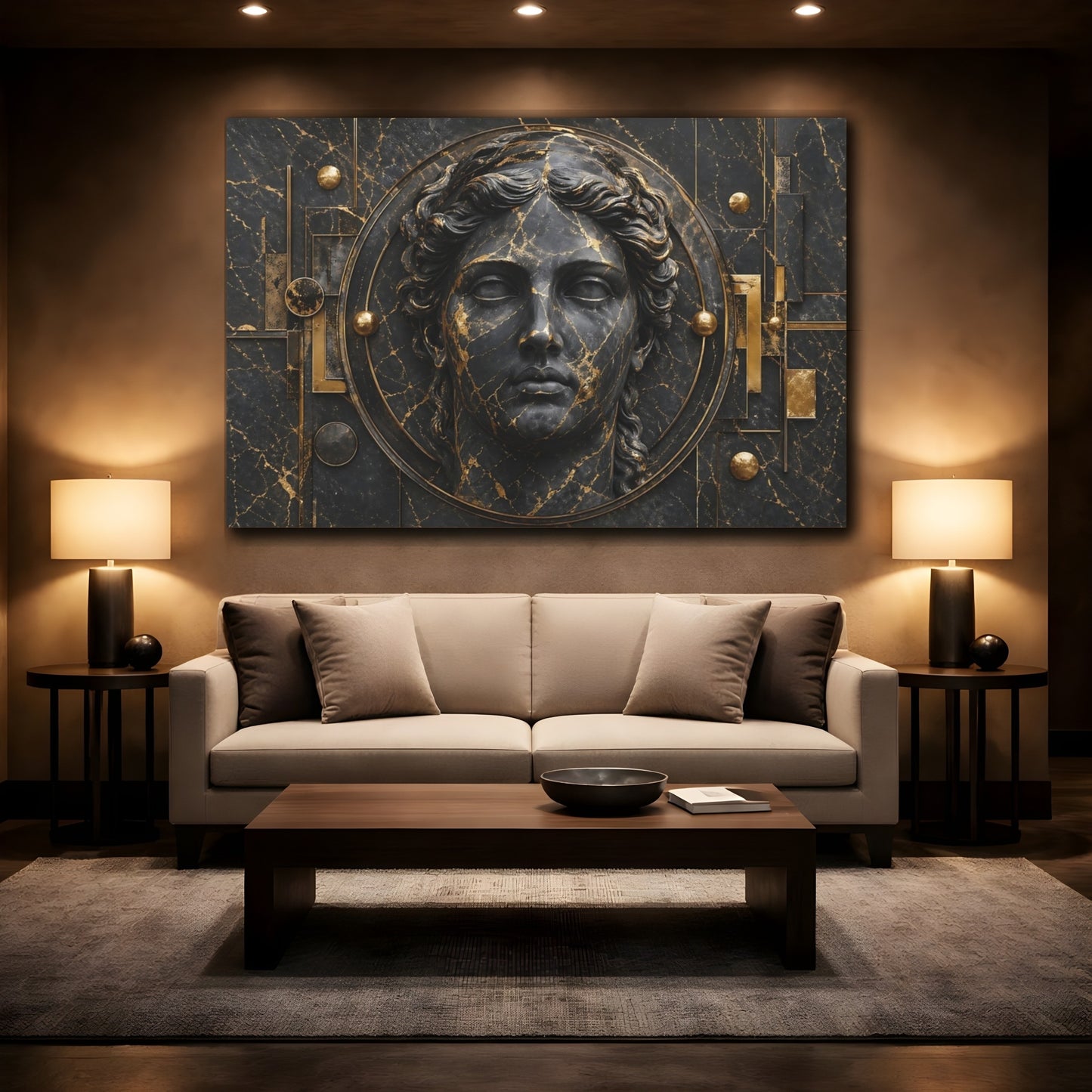 Mockup 2. Abstract Classical Bust Black And Gold shown as stretched canvas wall art