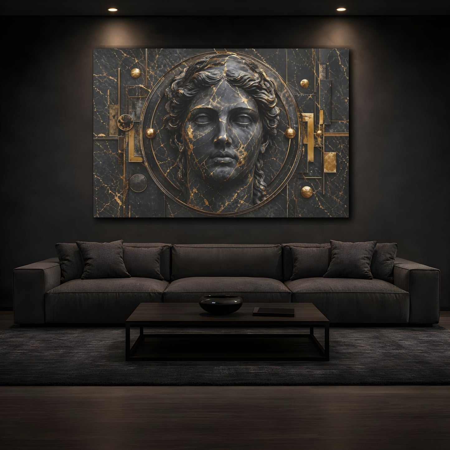 Mockup 3. Abstract Classical Bust Black And Gold shown as stretched canvas wall art