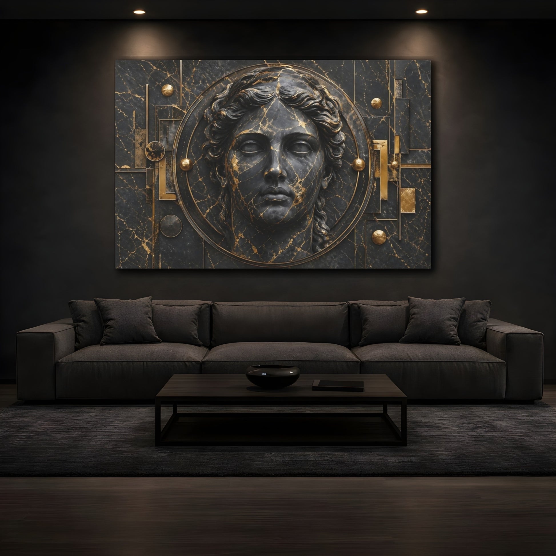 Mockup 3. Abstract Classical Bust Black And Gold shown as stretched canvas wall art