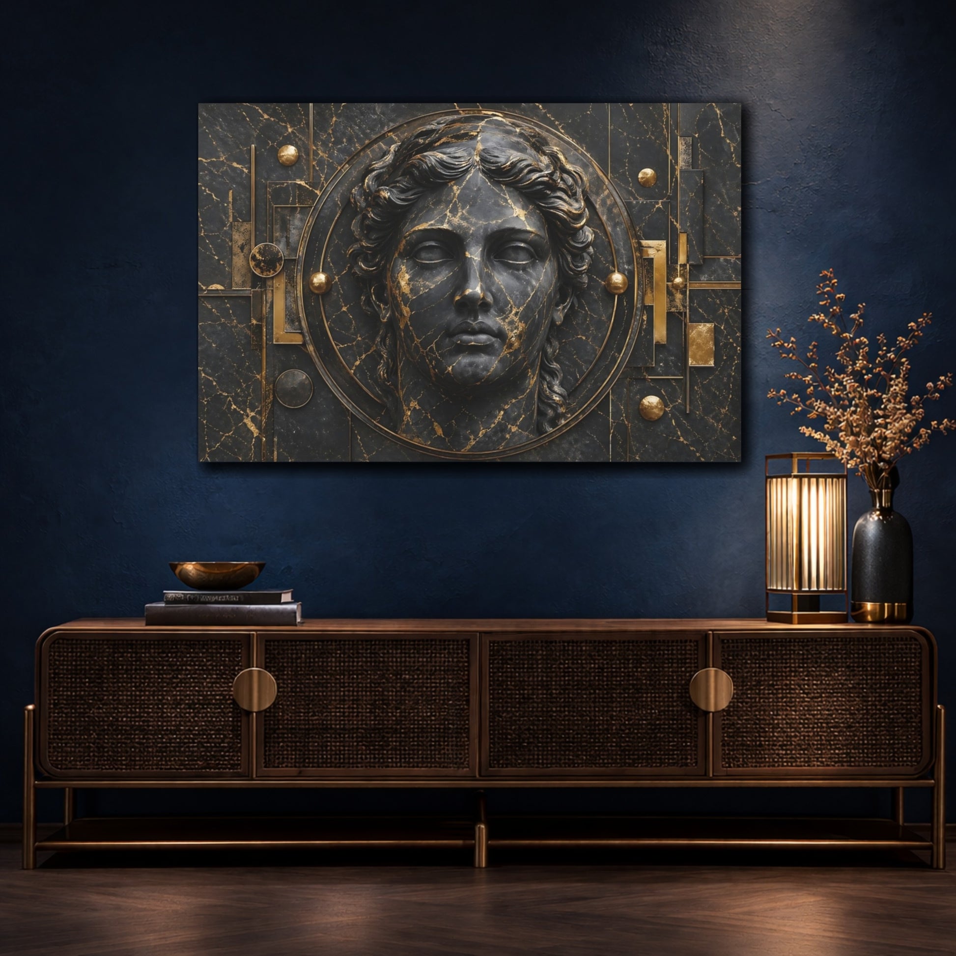 Mockup 4. Abstract Classical Bust Black And Gold shown as stretched canvas wall art