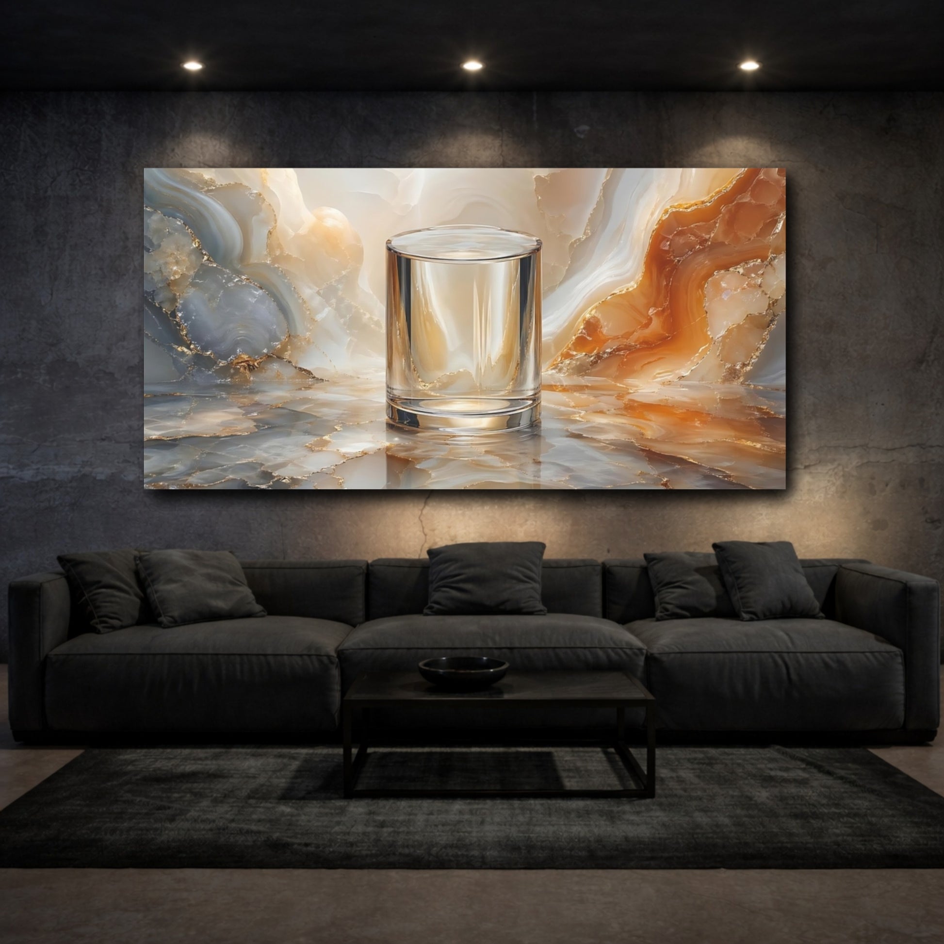 Mockup 2. Abstract Clear Glass Gold And Gray shown as stretched canvas wall art