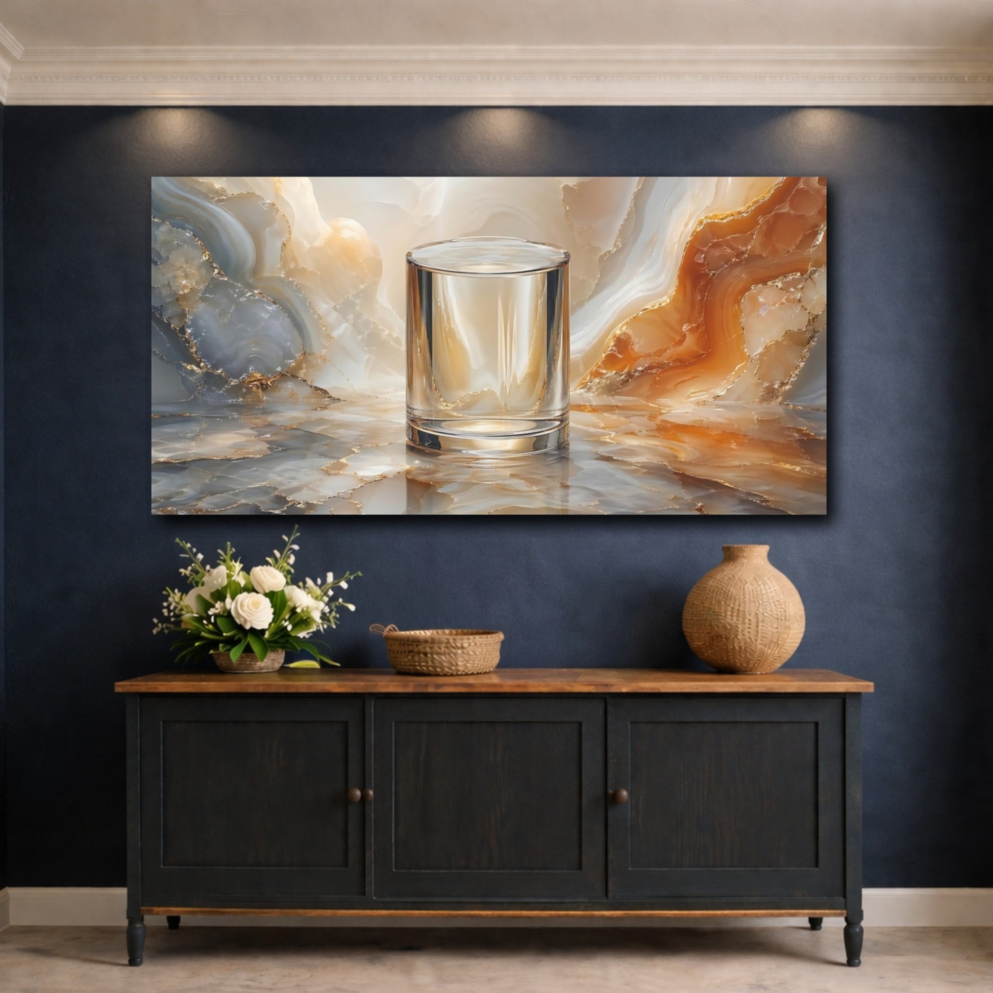 Mockup 4. Abstract Clear Glass Gold And Gray shown as stretched canvas wall art