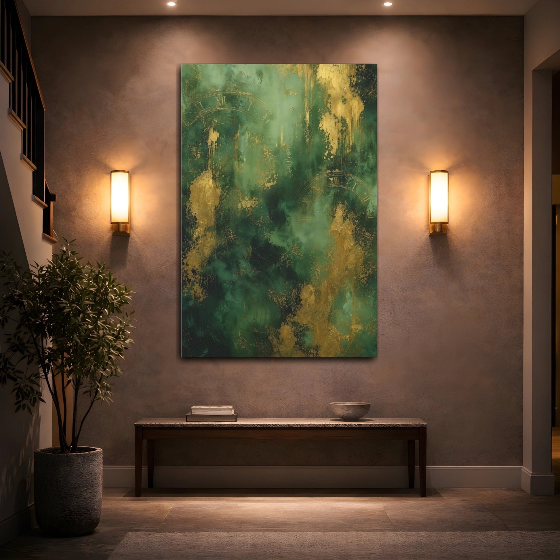 Abstract Clock Emerald Gold Canvas Wall Art Print – Living Room, Above Sofa - YesArtYes