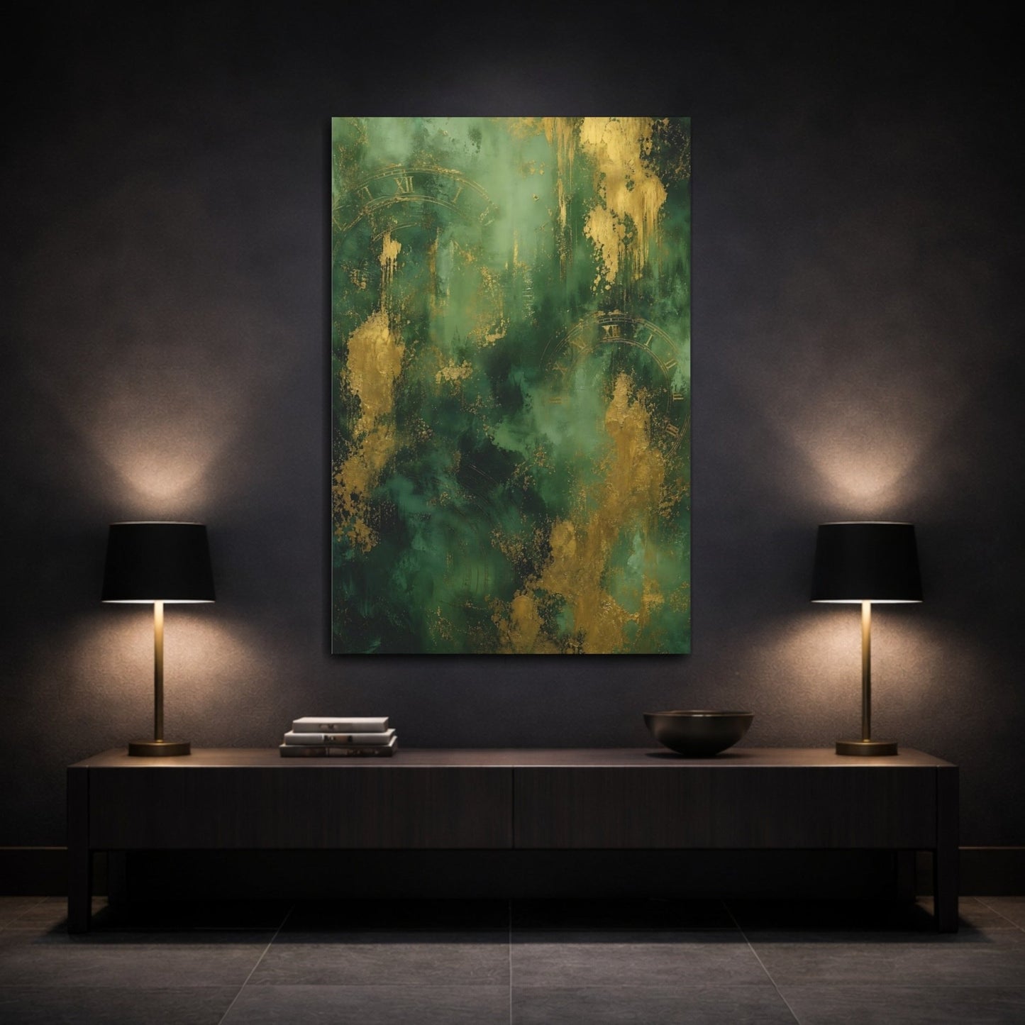 Abstract Clock Emerald Gold Canvas Wall Art Print – Living Room, Above Sofa - YesArtYes