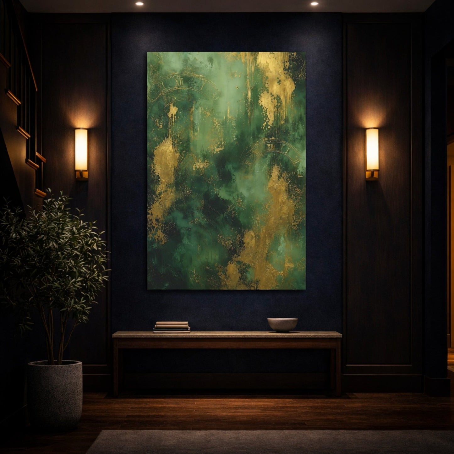 Abstract Clock Emerald Gold Canvas Wall Art Print – Living Room, Above Sofa - YesArtYes