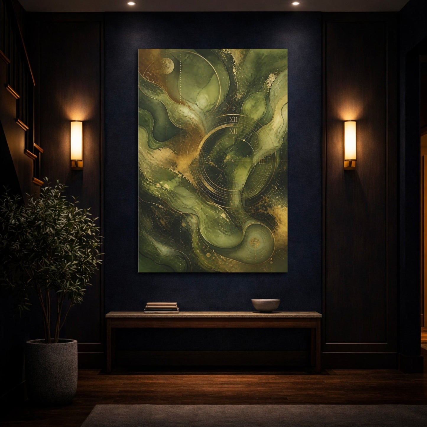 Abstract Clock Green Gold Canvas Print – Modern Decor for Living Room, Above Fireplace - YesArtYes