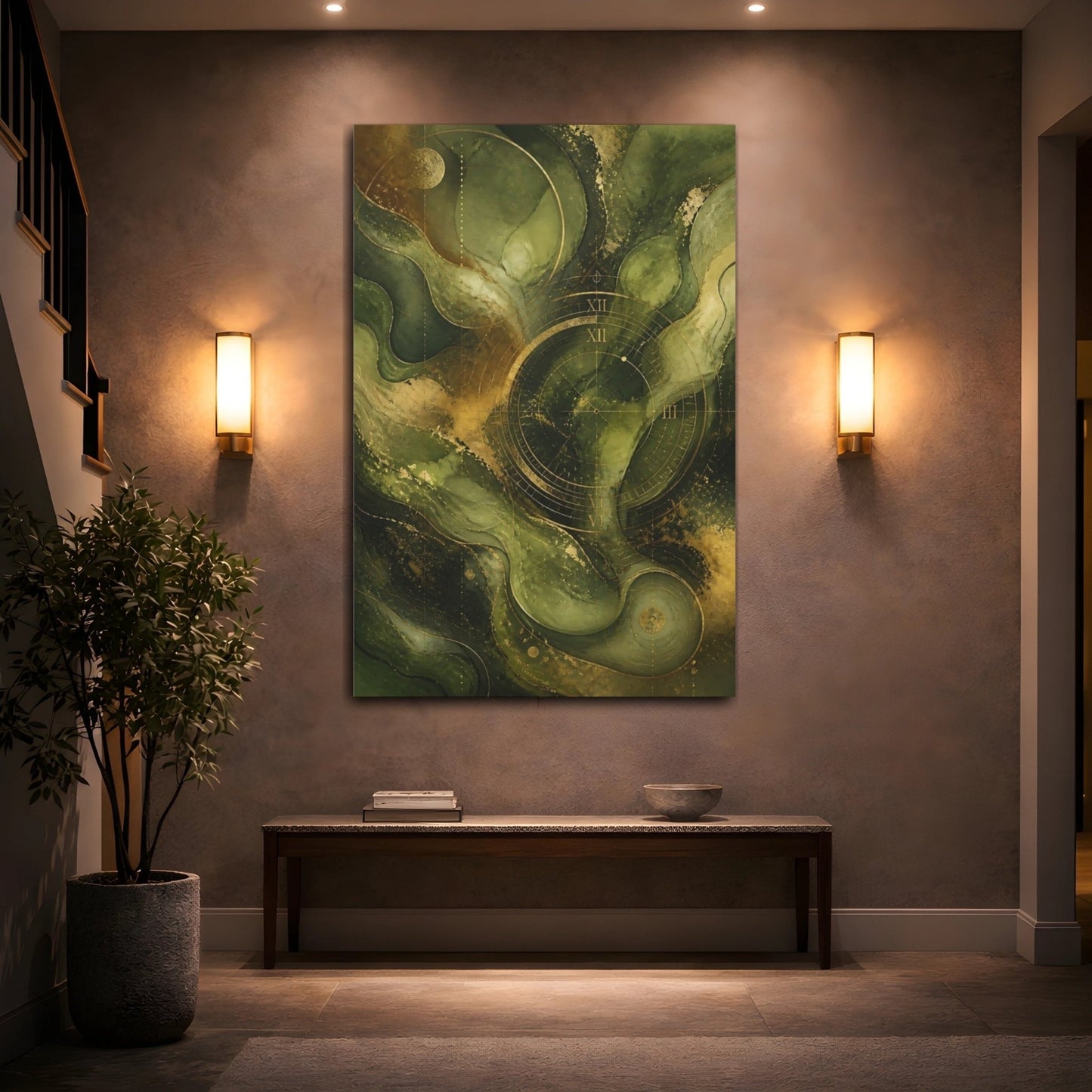 Abstract Clock Green Gold Canvas Print – Modern Decor for Living Room, Above Fireplace - YesArtYes