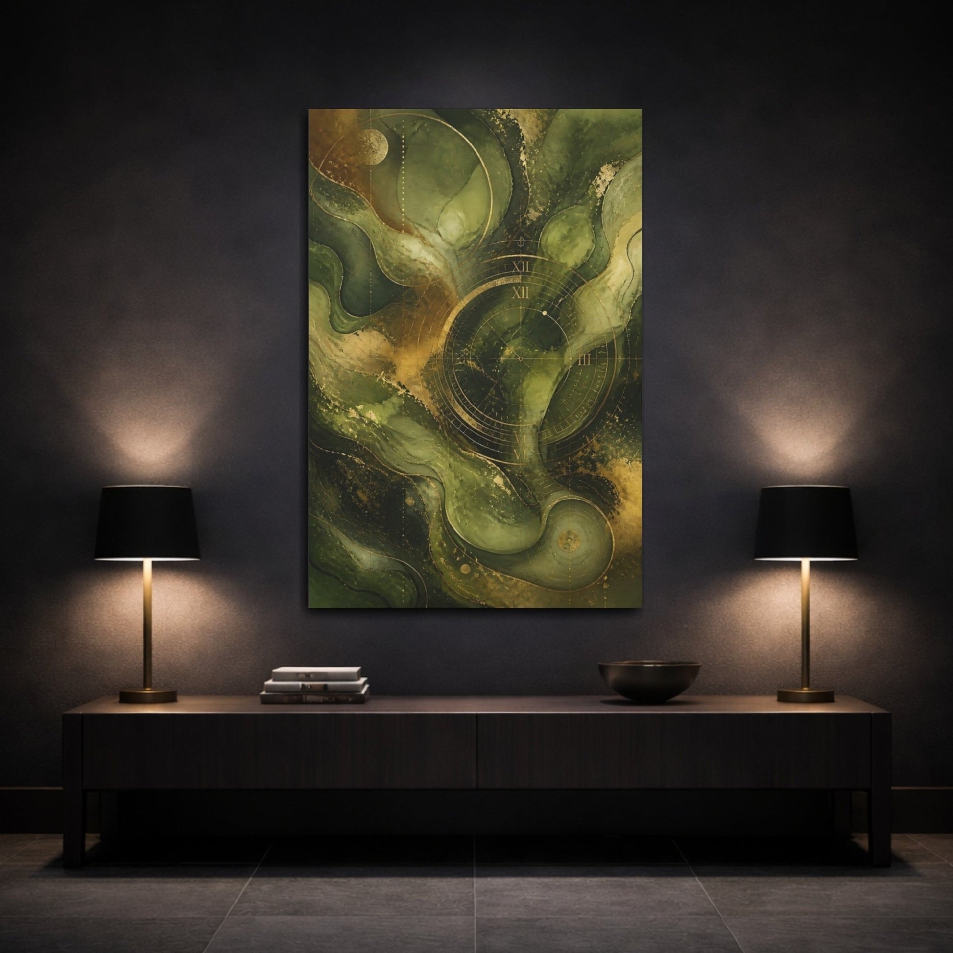 Abstract Clock Green Gold Canvas Print – Modern Decor for Living Room, Above Fireplace - YesArtYes