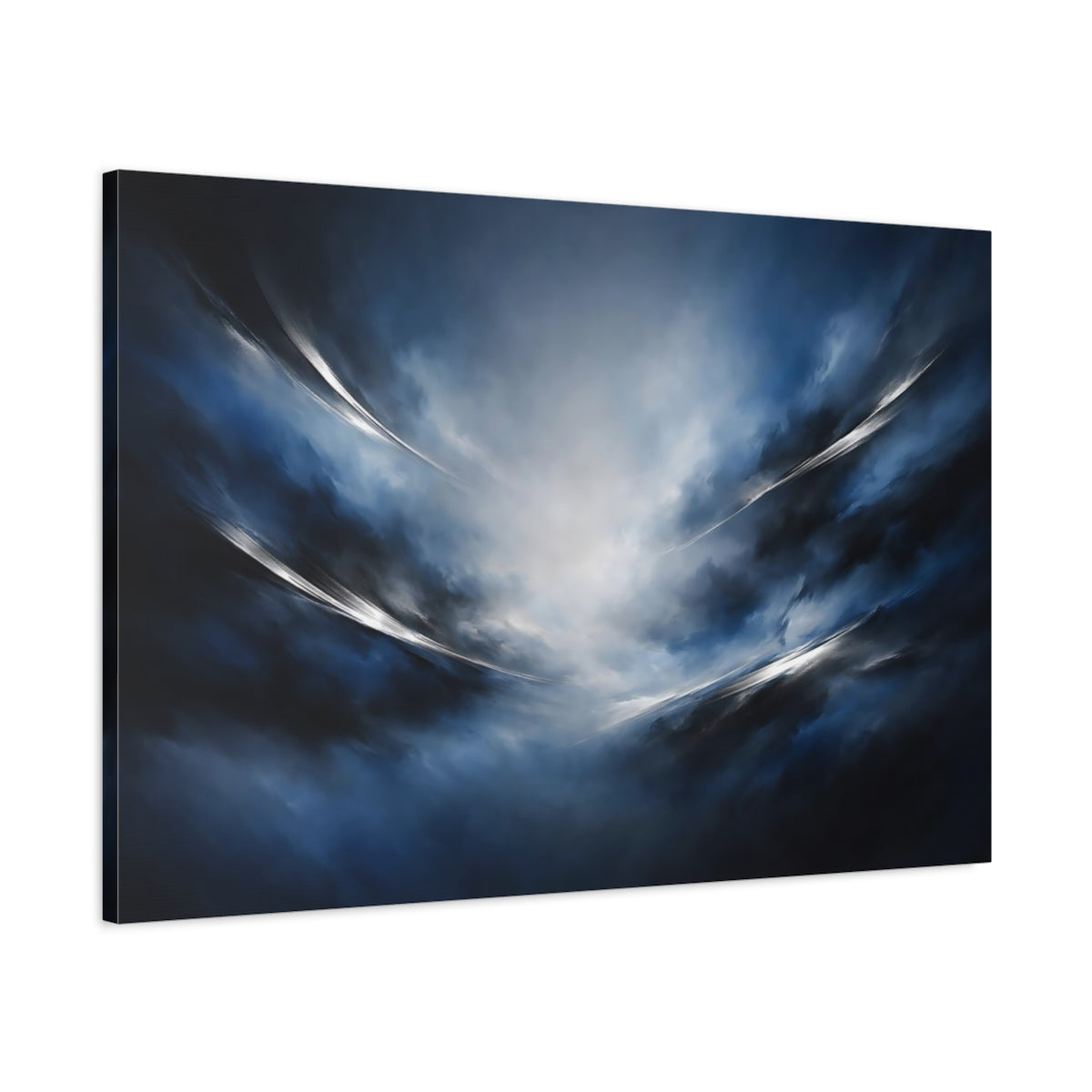 Side Mockup 1. Abstract Abstract Clouds Blue Abstract shown as stretched canvas wall art