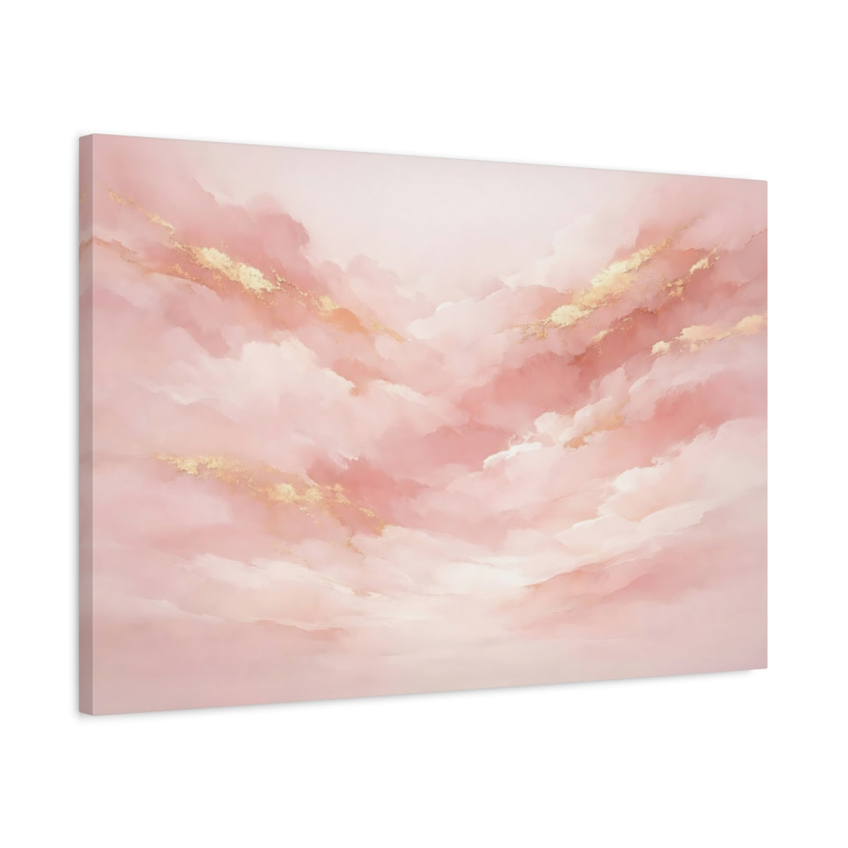 Side Mockup 2. Abstract Abstract Clouds Pink And Gold shown as stretched canvas wall art