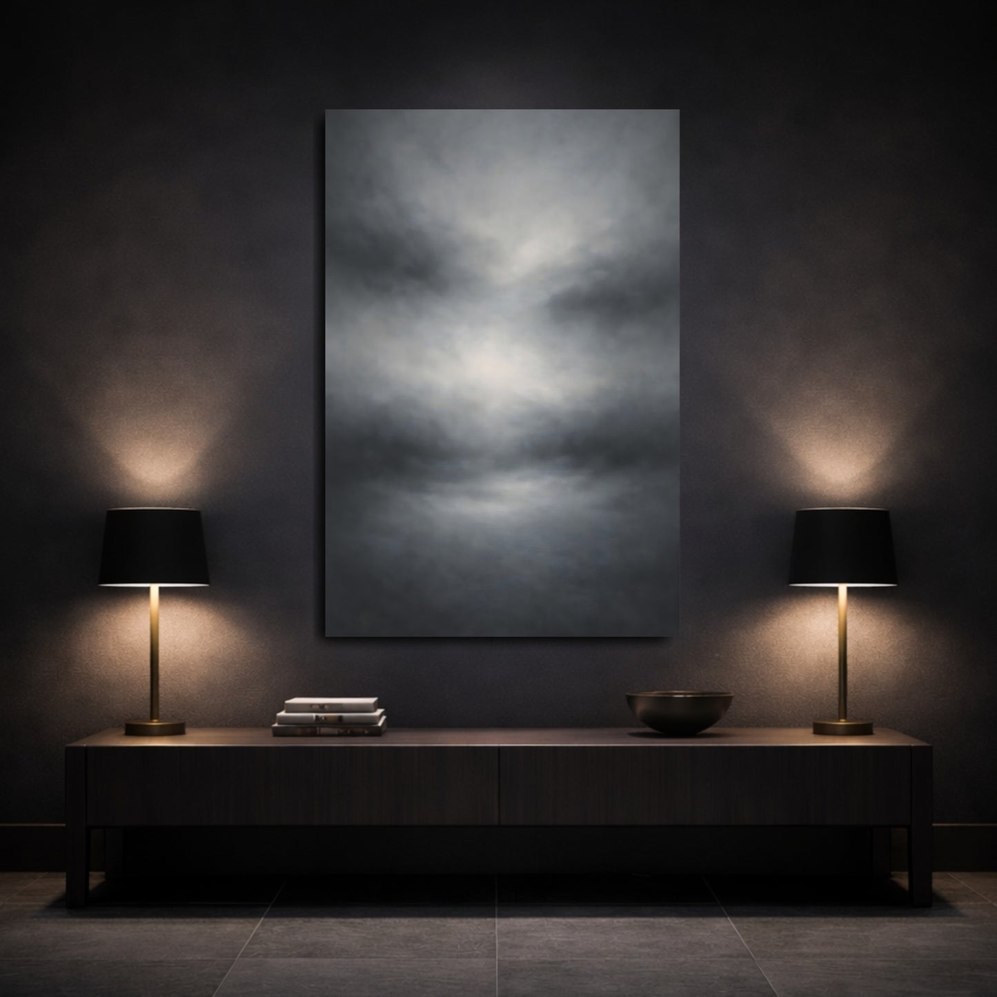 Mockup 2. Abstract Cloudscape Gray Abstract Cloud shown as stretched canvas wall art