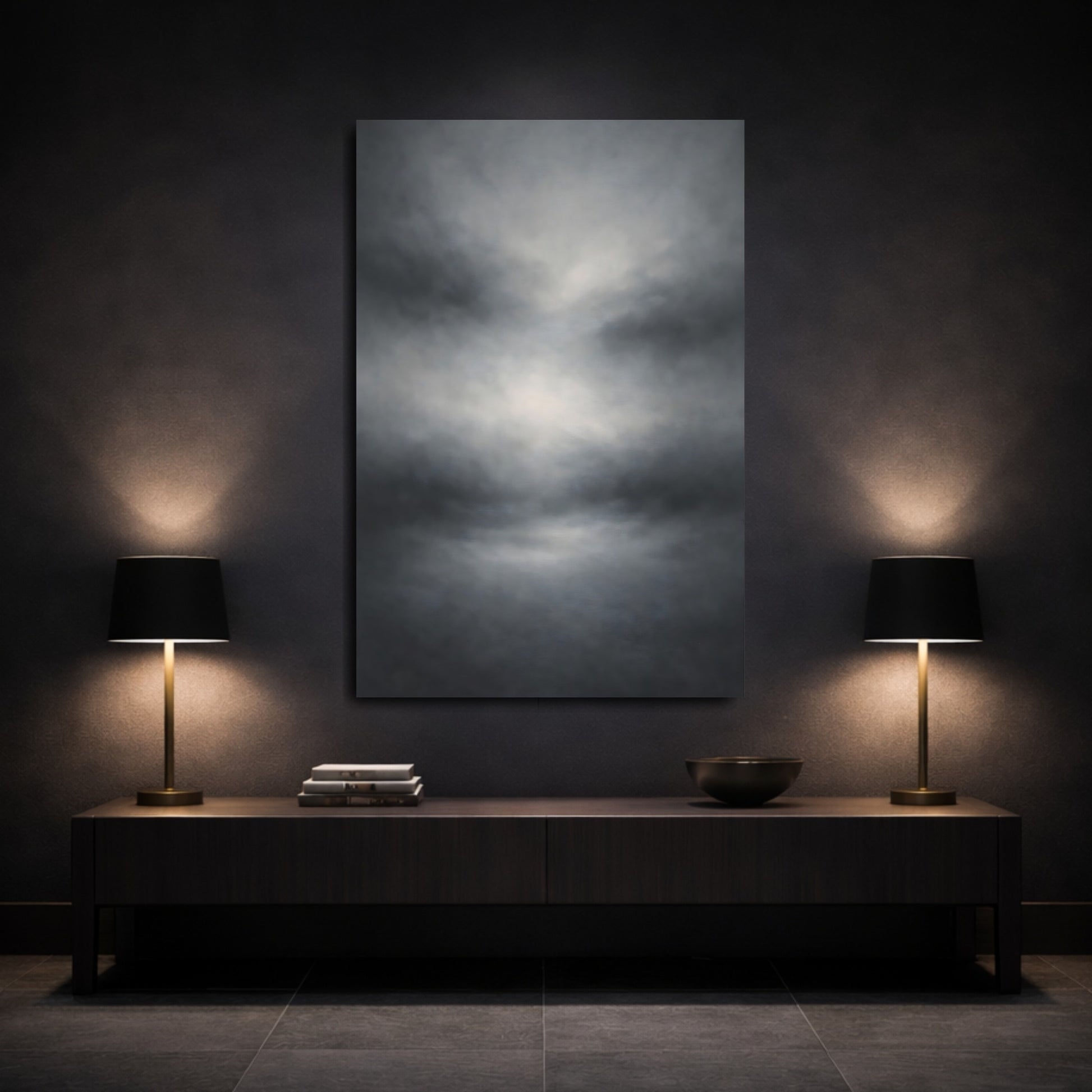 Mockup 2. Abstract Cloudscape Gray Abstract Cloud shown as stretched canvas wall art