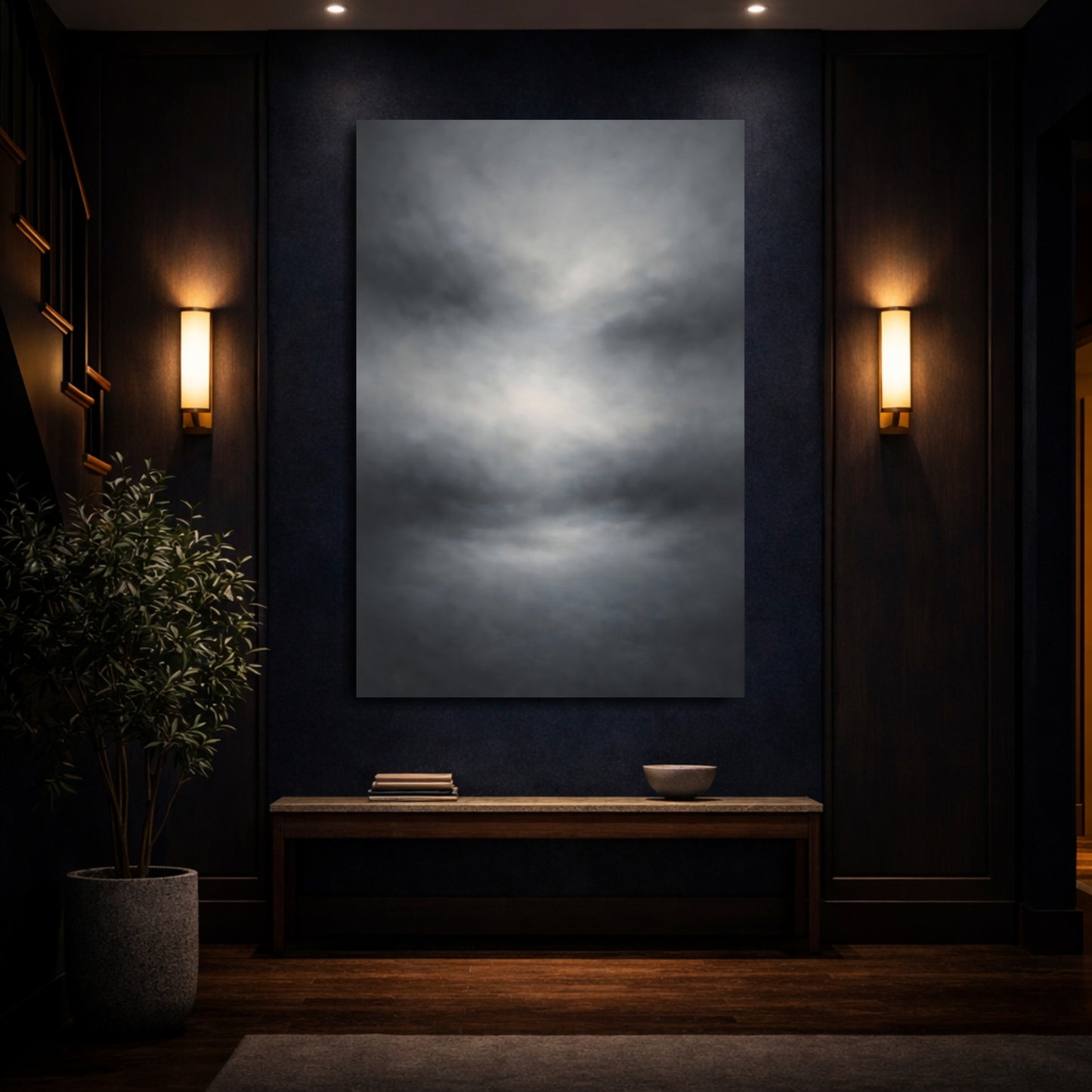 Mockup 3. Abstract Cloudscape Gray Abstract Cloud shown as stretched canvas wall art