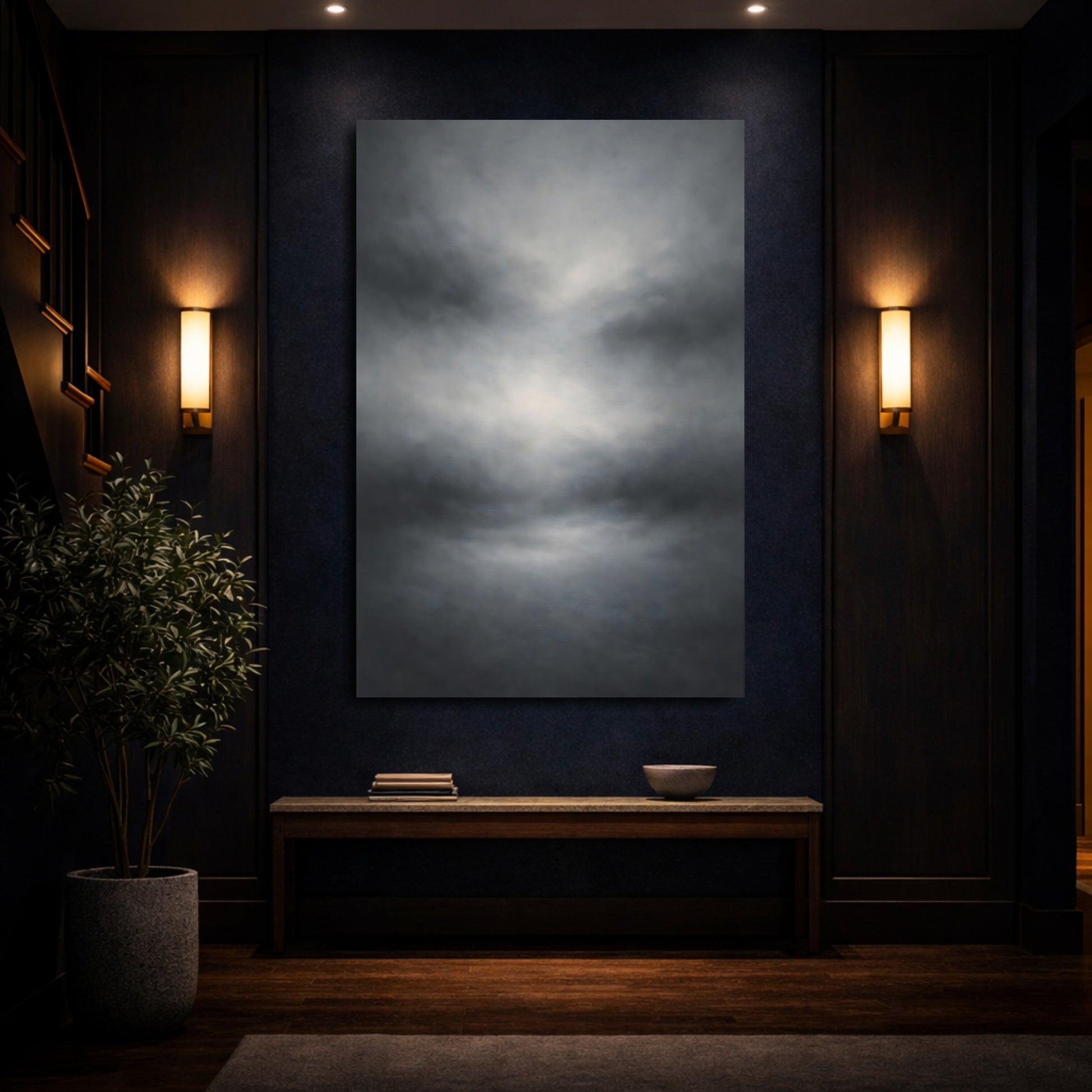 Mockup 3. Abstract Cloudscape Gray Abstract Cloud shown as stretched canvas wall art