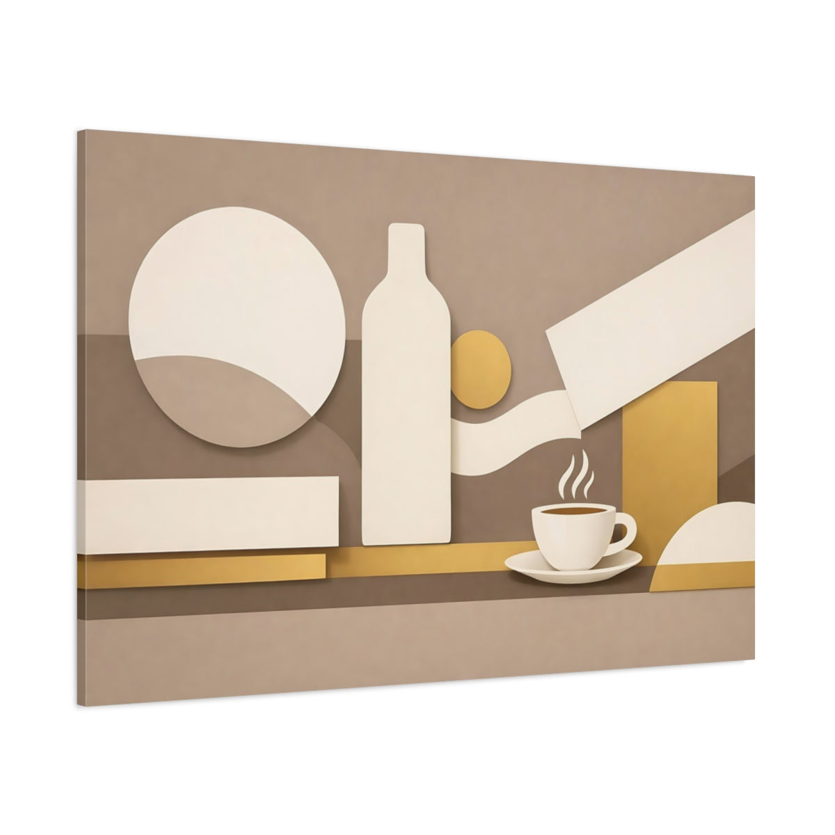 Main Mockup. Abstract Coffee Cup Beige And Gold shown as stretched canvas wall art