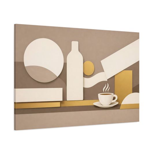 Main Mockup. Abstract Coffee Cup Beige And Gold shown as stretched canvas wall art