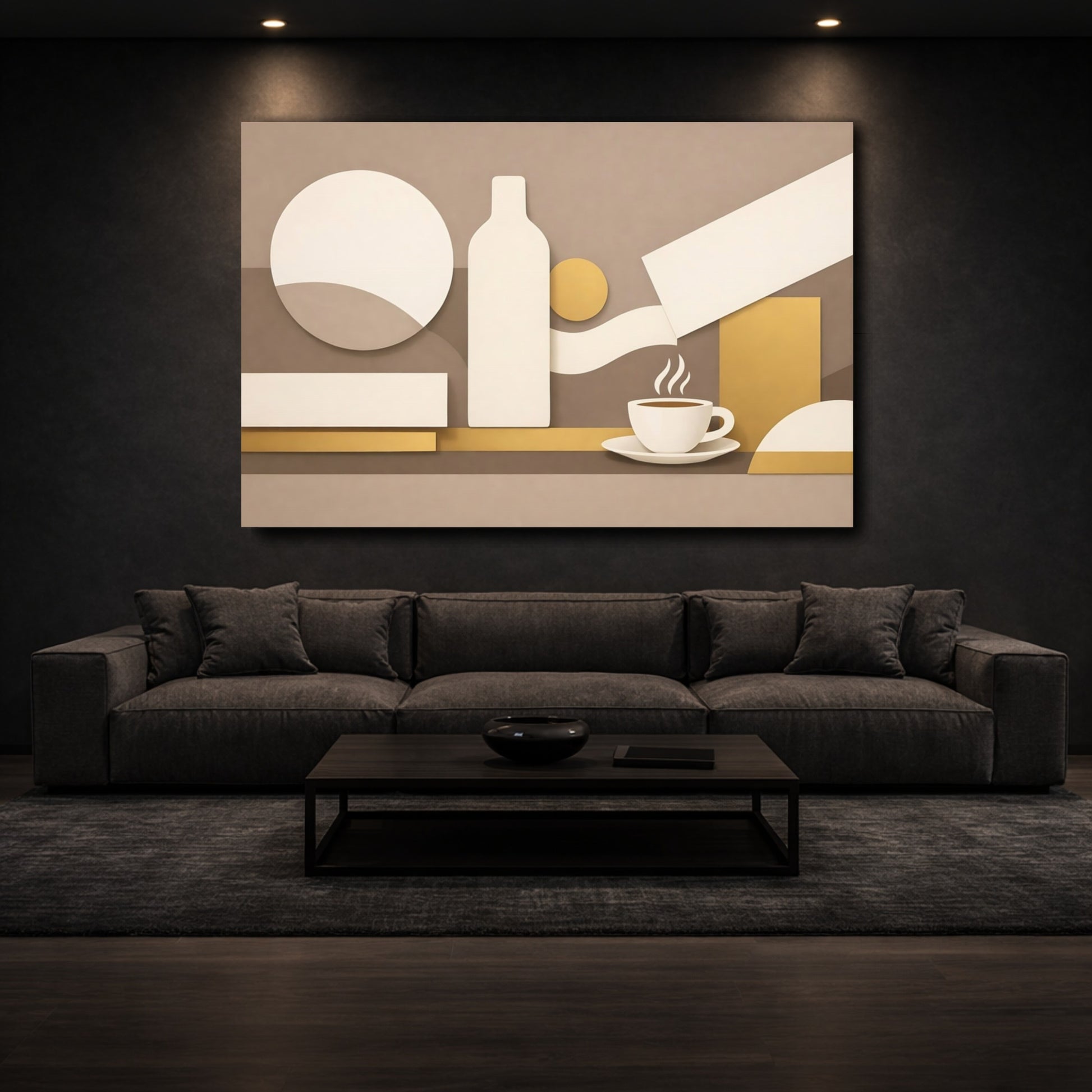 Mockup 2. Abstract Coffee Cup Beige And Gold shown as stretched canvas wall art