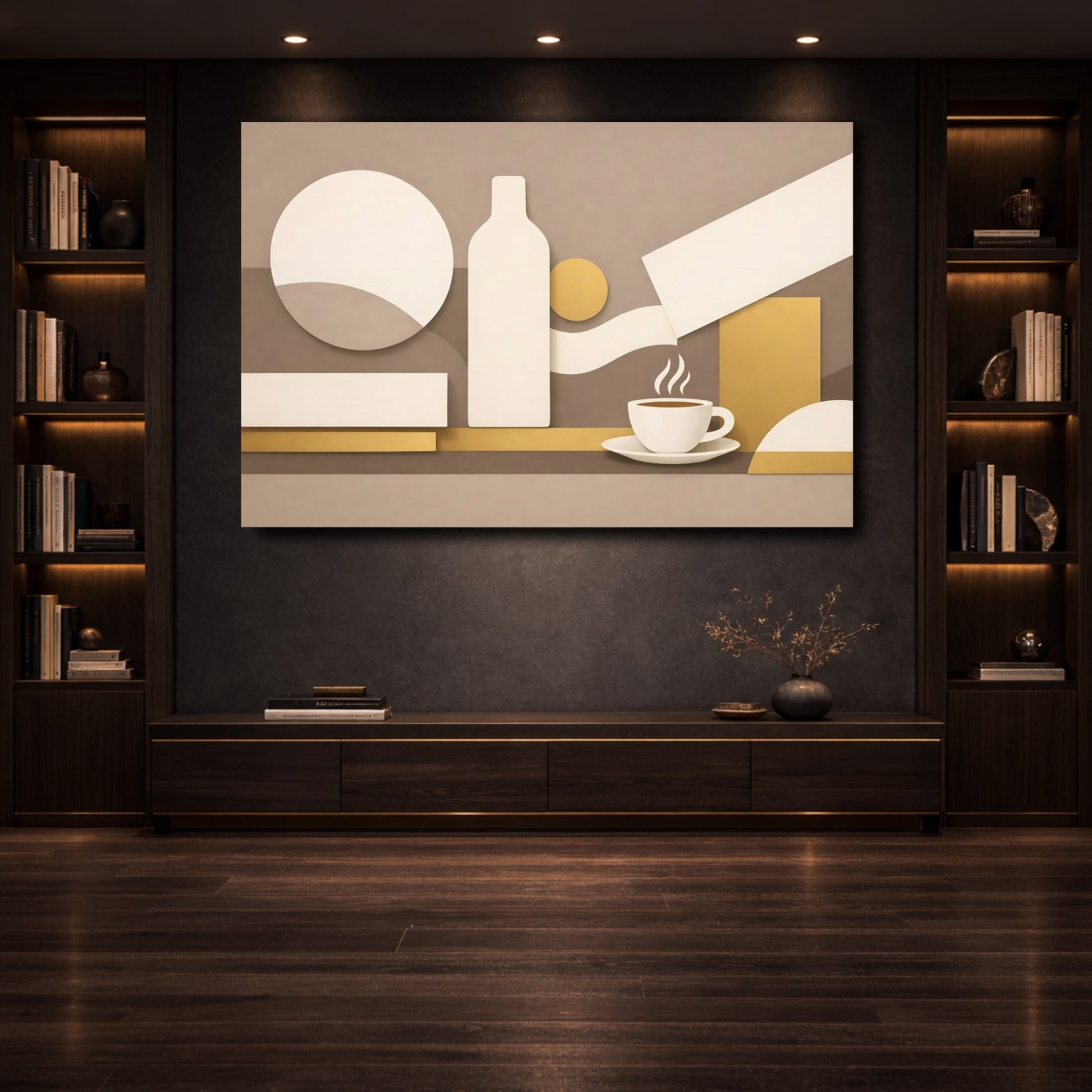 Mockup 3. Abstract Coffee Cup Beige And Gold shown as stretched canvas wall art