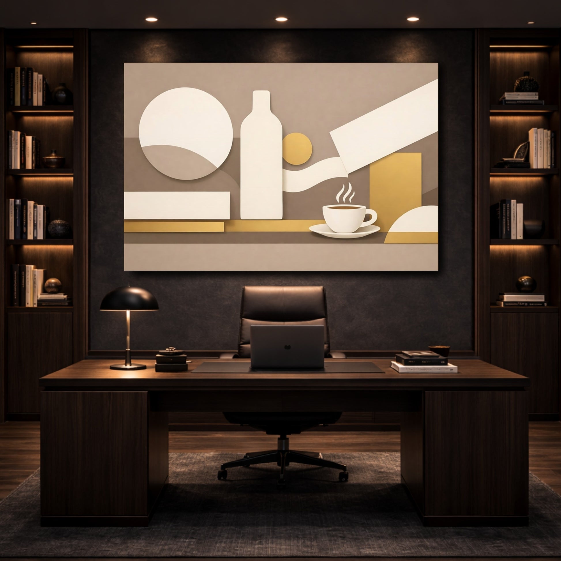 Mockup 4. Abstract Coffee Cup Beige And Gold shown as stretched canvas wall art