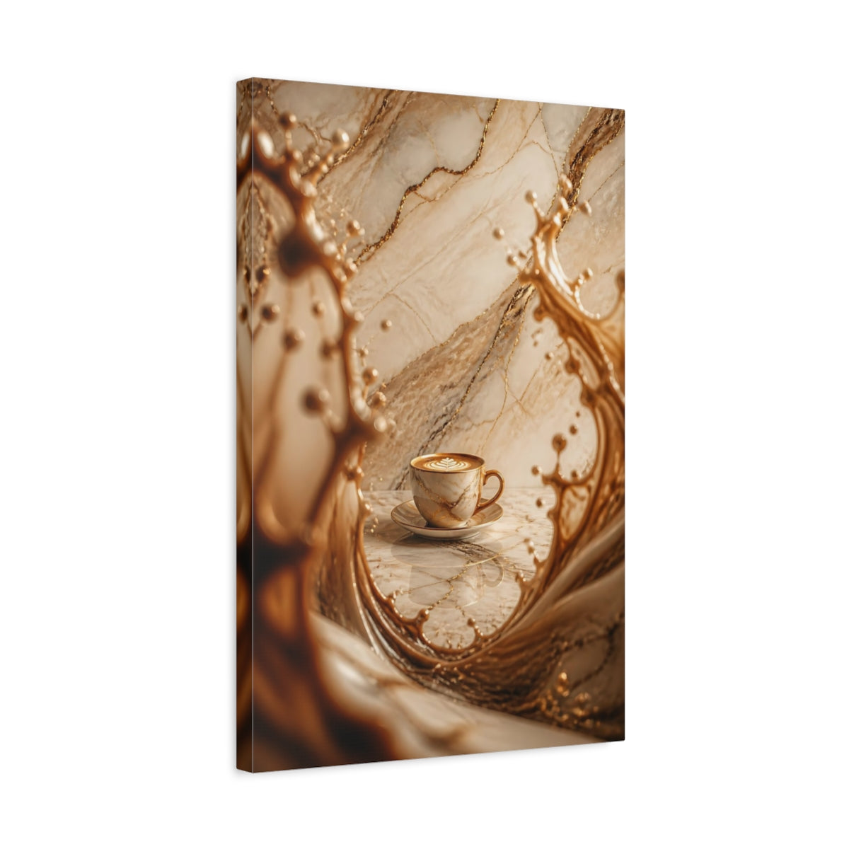 Side Mockup 3. Abstract Coffee Cup Brown And Gold shown as stretched canvas wall art