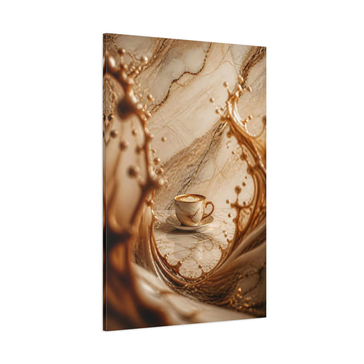 Side Mockup 1. Abstract Coffee Cup Brown And Gold shown as stretched canvas wall art