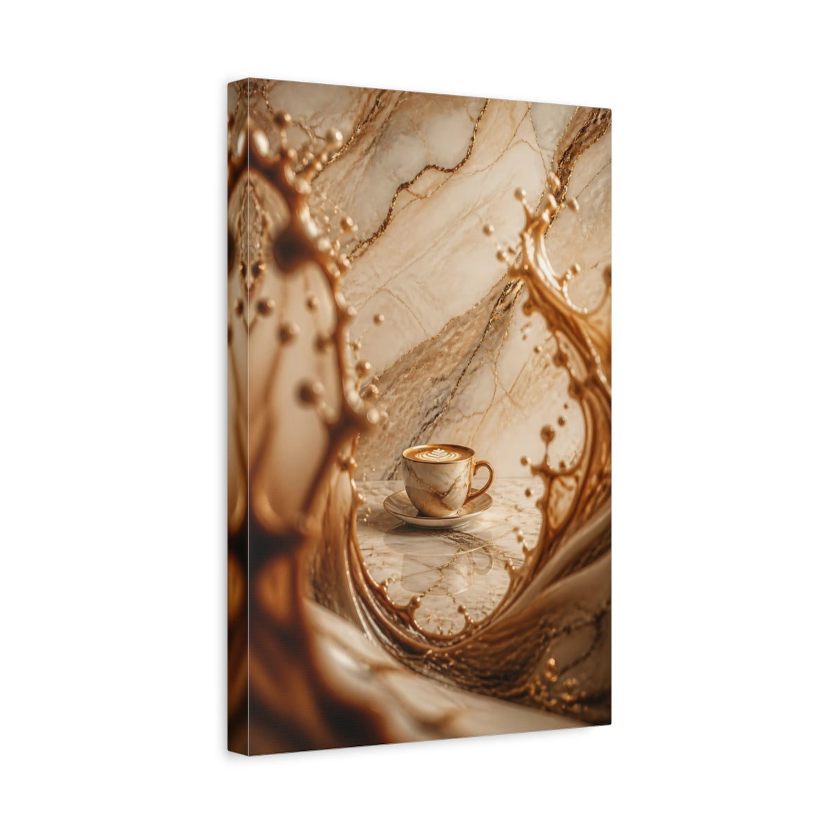 Side Mockup 4. Abstract Coffee Cup Brown And Gold shown as stretched canvas wall art