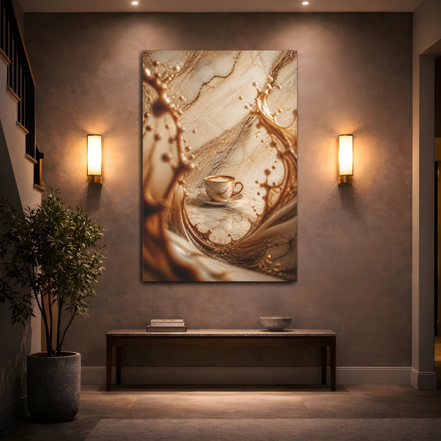 Mockup 2. Abstract Coffee Cup Brown And Gold shown as stretched canvas wall art